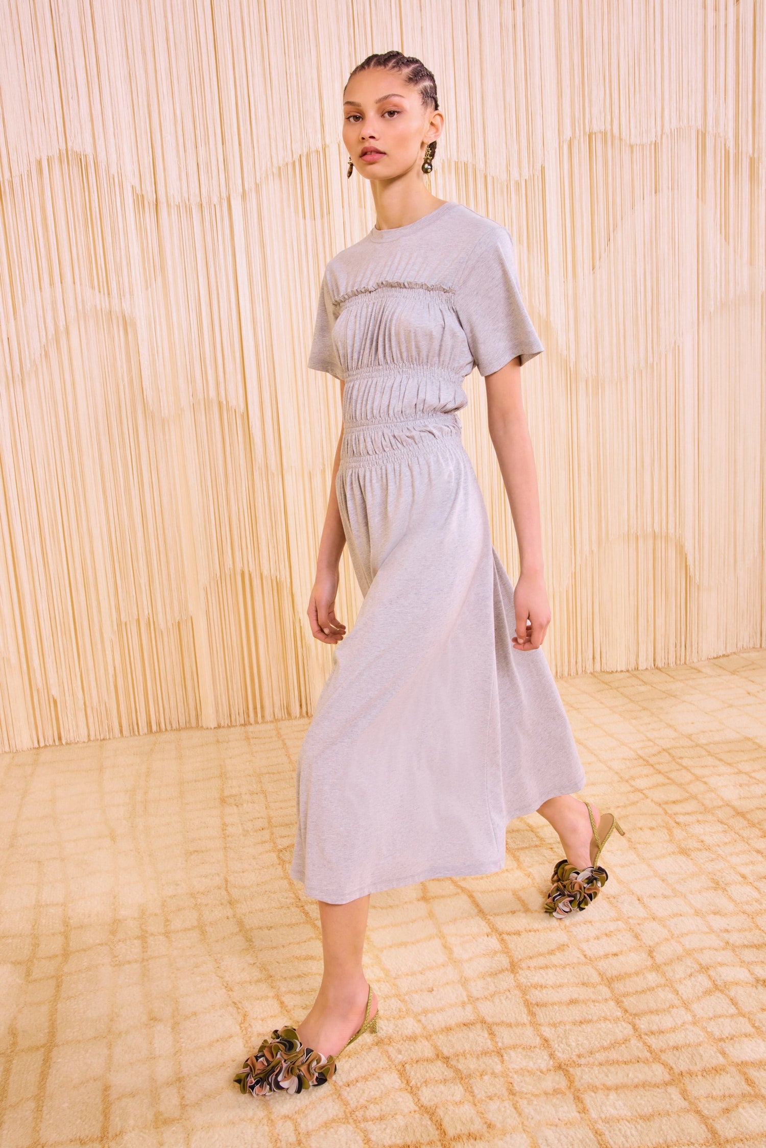 Ulla Johnson Georgie Short Sleeve Smocked Midi Dress - Slate Melange