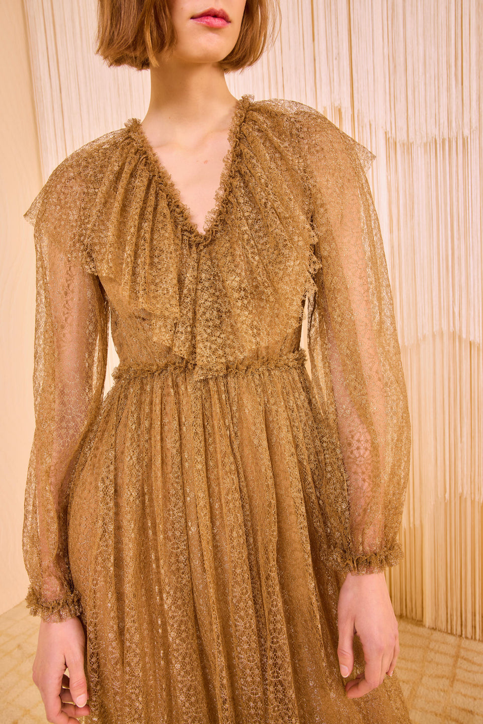 Helena Ruffle Neckline Long Sleeve Dress - Burnish