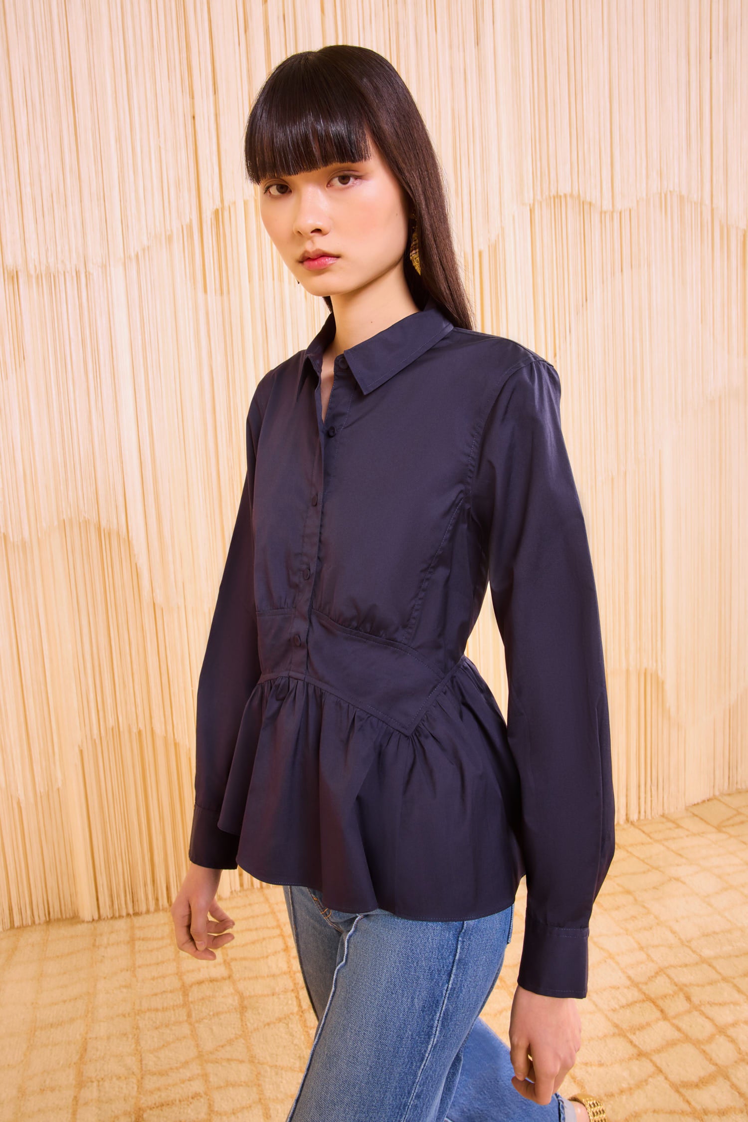 Juna Long Sleeve Peplum Blouse - Midnight