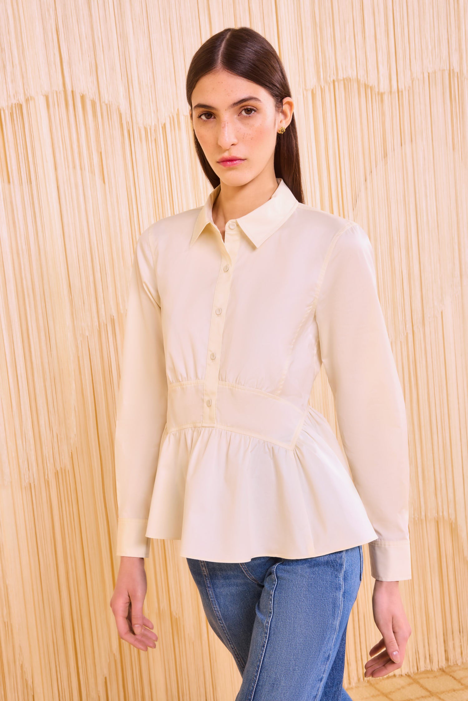 Juna Long Sleeve Peplum Blouse - Pearl