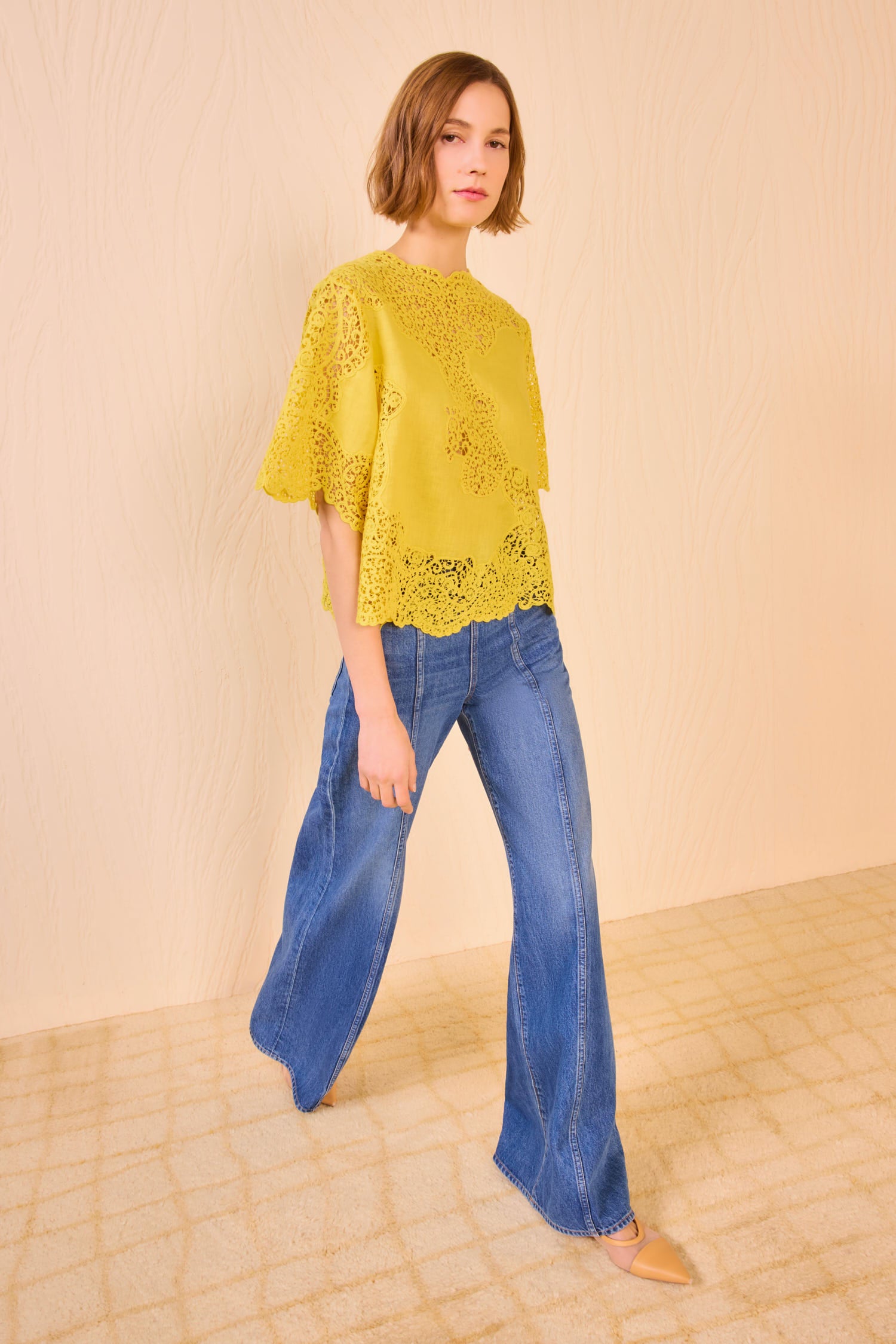 Kadene Short Sleeve Blouse - Citrine Vine Lace Embroidered