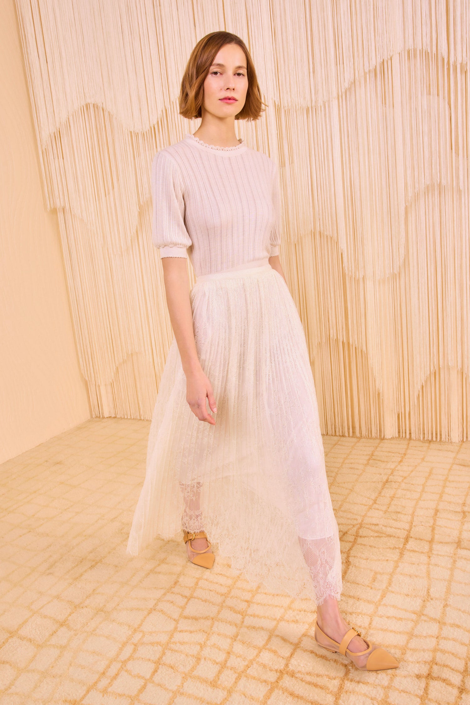Maren Pleated Skirt - Pearl White Chantilly Lace Pleated Maren Pleated Skirt - Pearl White Chantilly Lace Pleated