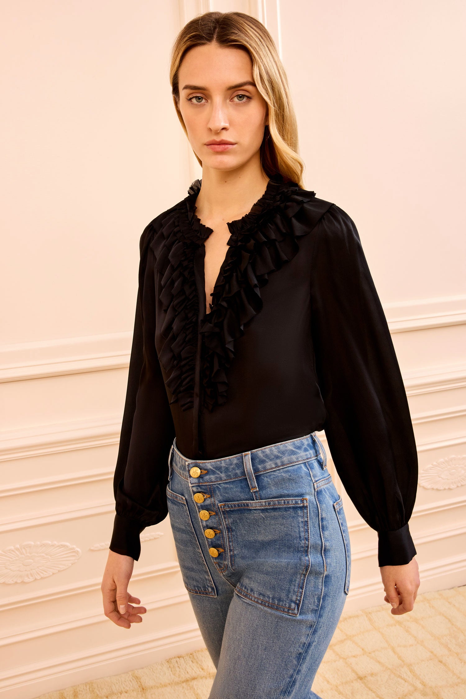 Rouen Silk Ruffle Front Long Sleeve Blou - Noir