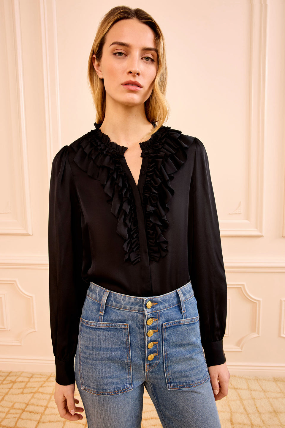 Rouen Silk Ruffle Front Long Sleeve Blou - Noir