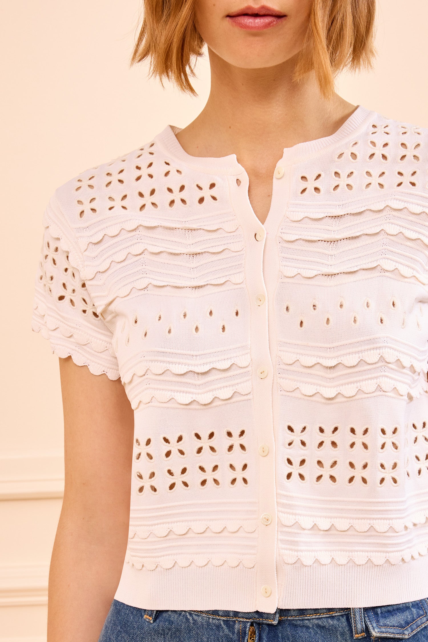 Abriana Eyelet Knit Cardigan - Cowrie White Short Sleeve Cropped