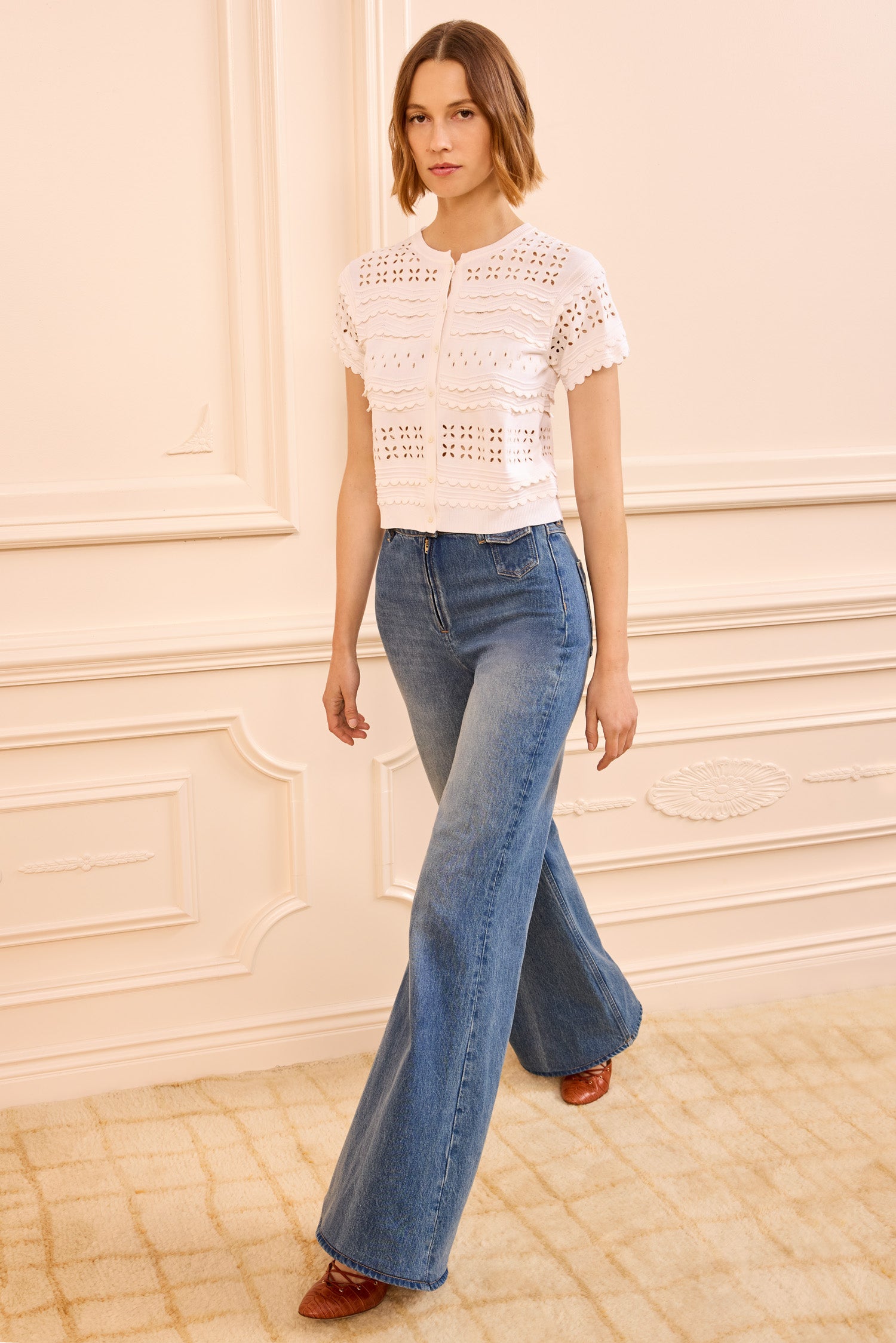 Ulla Johnson Abriana Eyelet Knit Cardigan - Cowrie