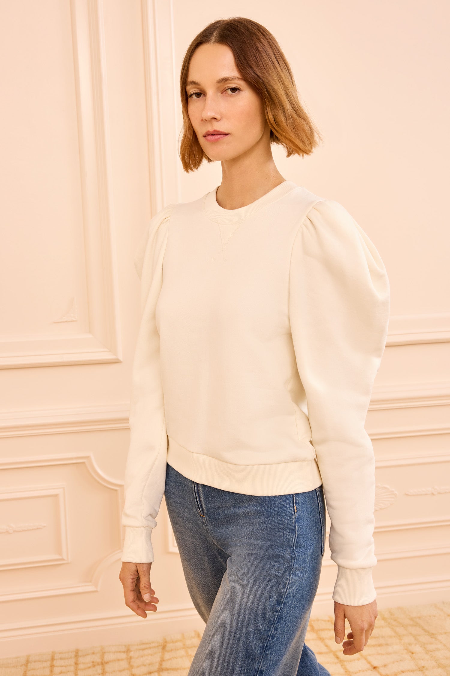 Adeline Terry Pullover - Creme White Crew Neck Long Sleeve Sweater