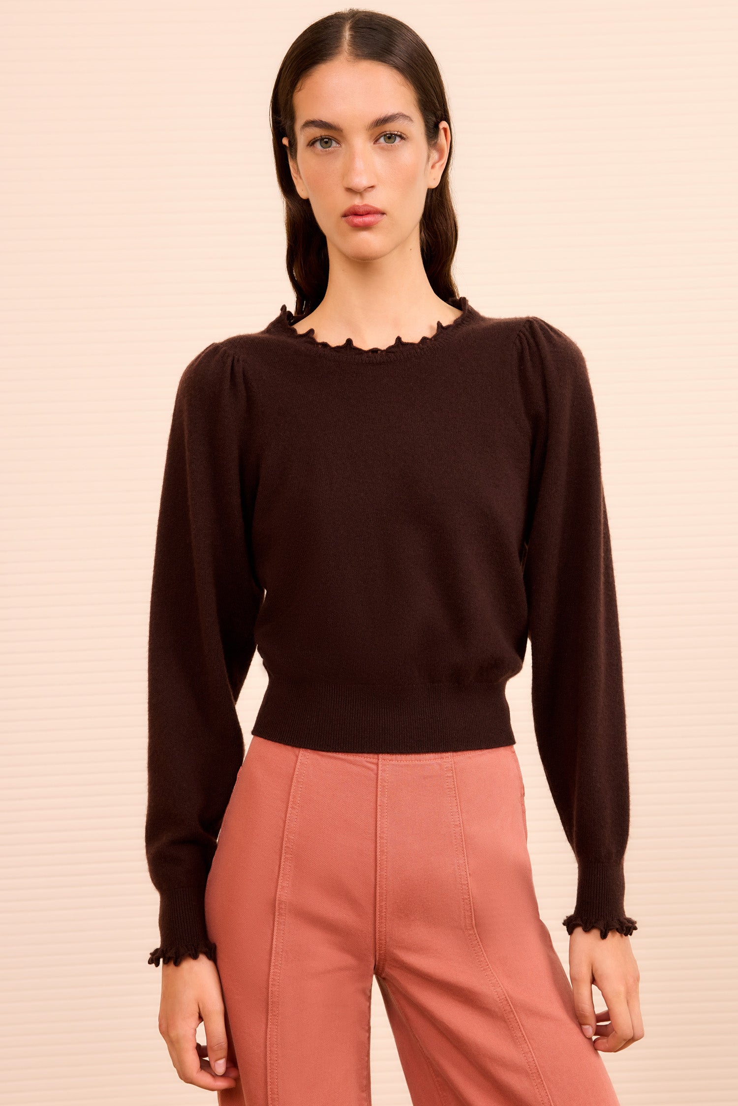 ULTERIOR ニットポロ Adette Long Sleeve Pullover - Wenge Brown Cashmere Puffed Sleeve