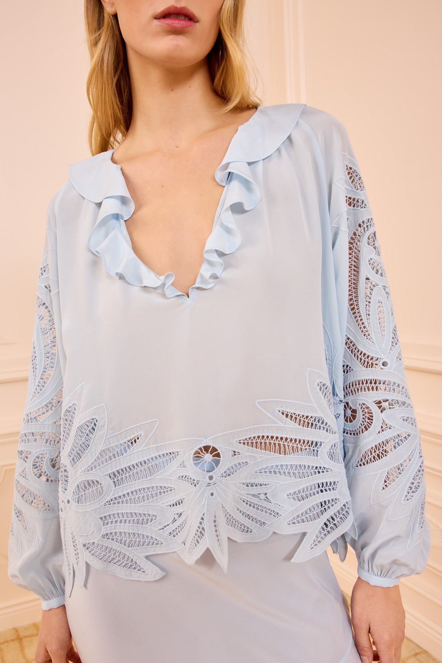 Adonis Silk Applique Blouse - Adriatic Light Blue Long Sleeve