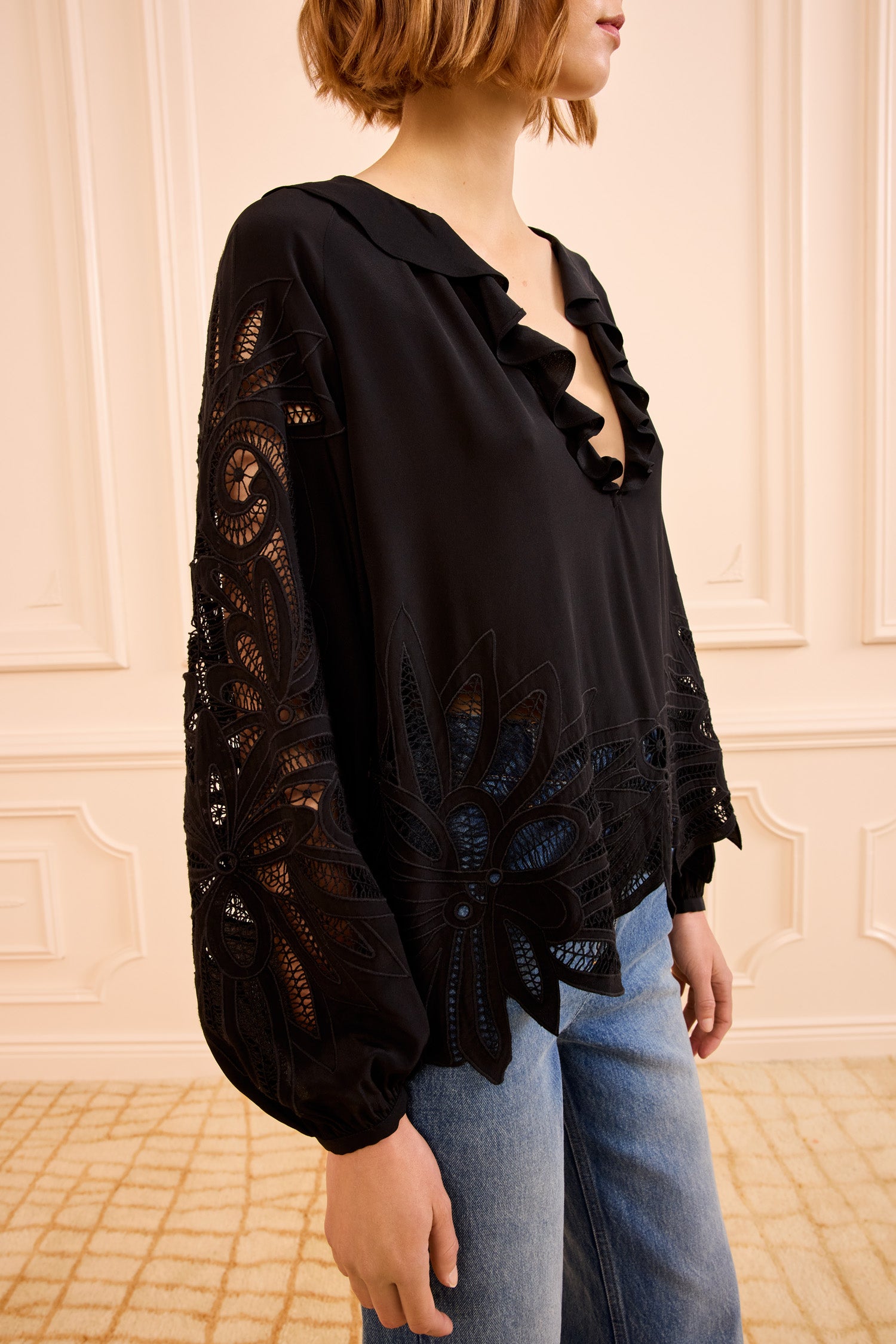 rosymonster airy pleats lace blouse ブラック Black Chiffon Lace Short Sleeve Blouse | Lada – motelrocks-com-us