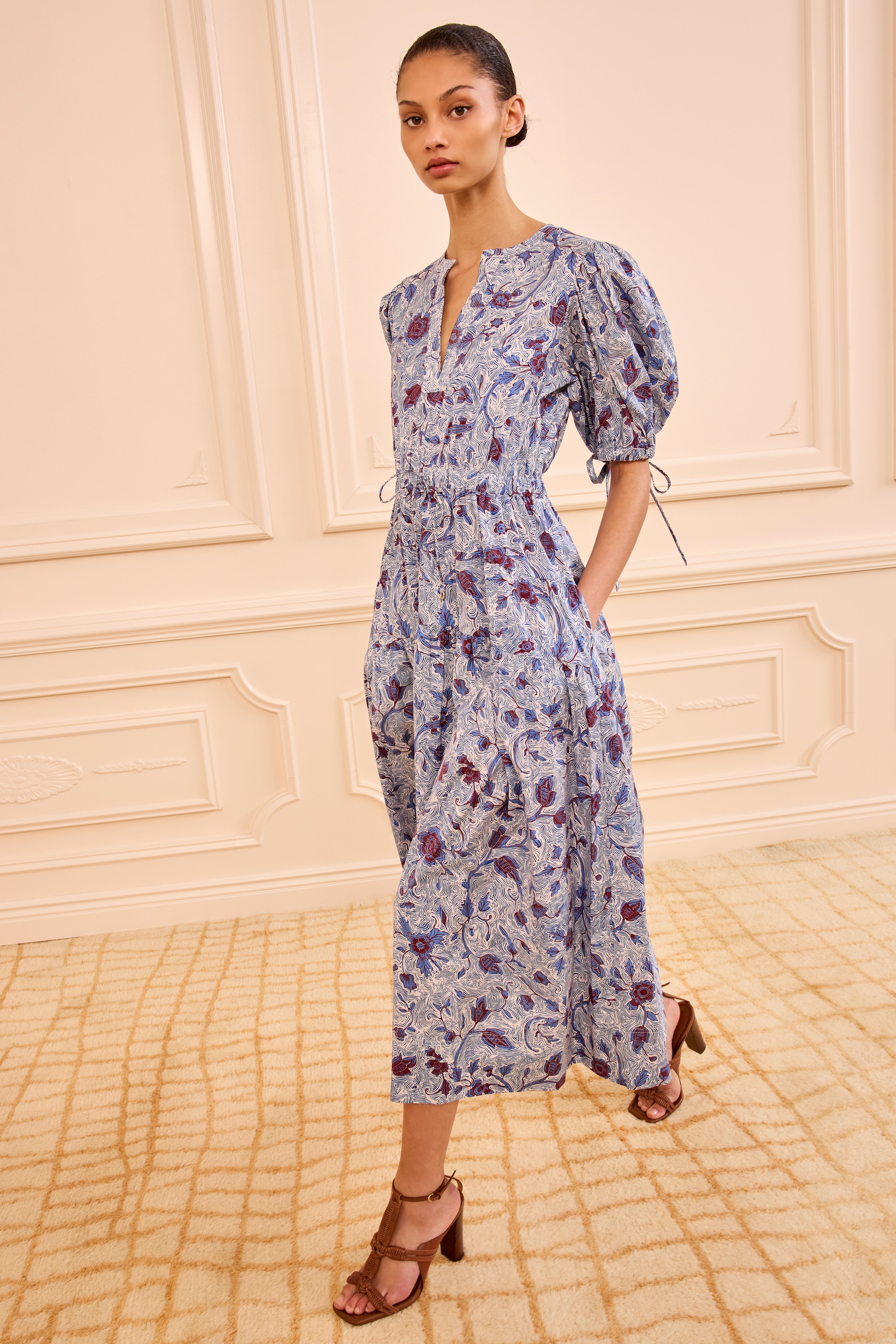 Adriana Cotton Dress - Gardenia Floral Print Puff Sleeve Midi