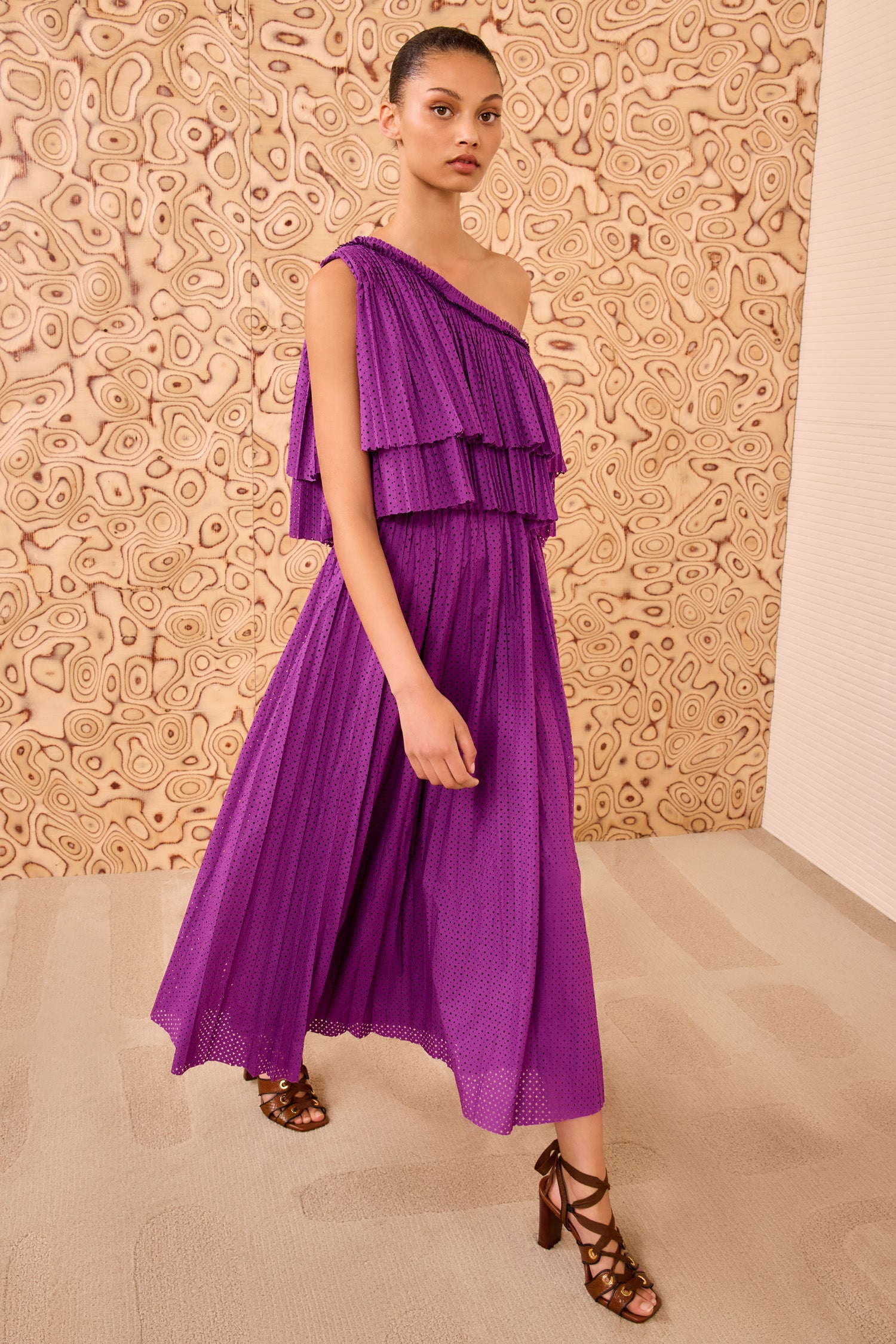 Agneta One Shoulder Dress - Iris Purple Laser Cut Midi Dress