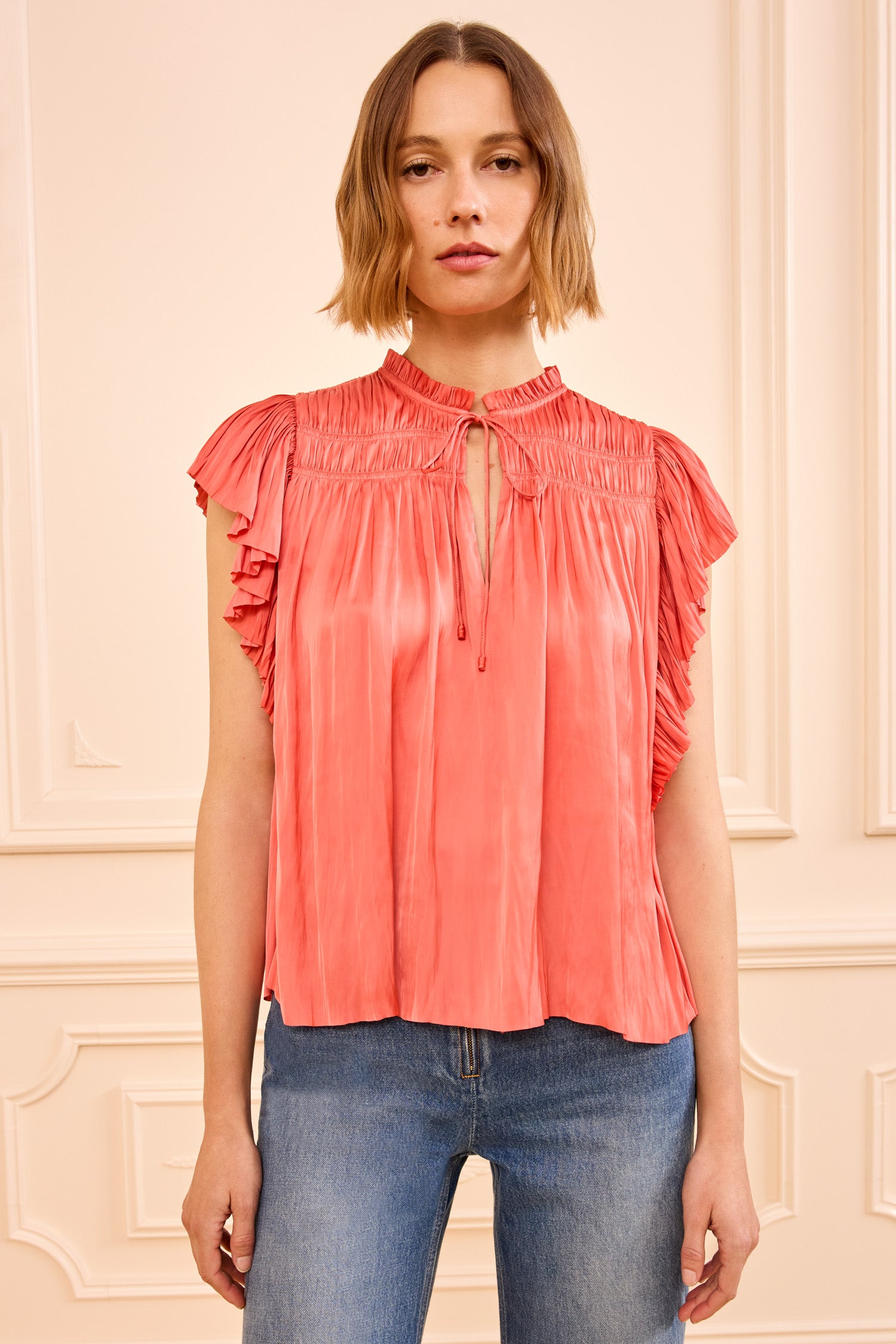 Agosta Flutter Sleeve Top - Coral