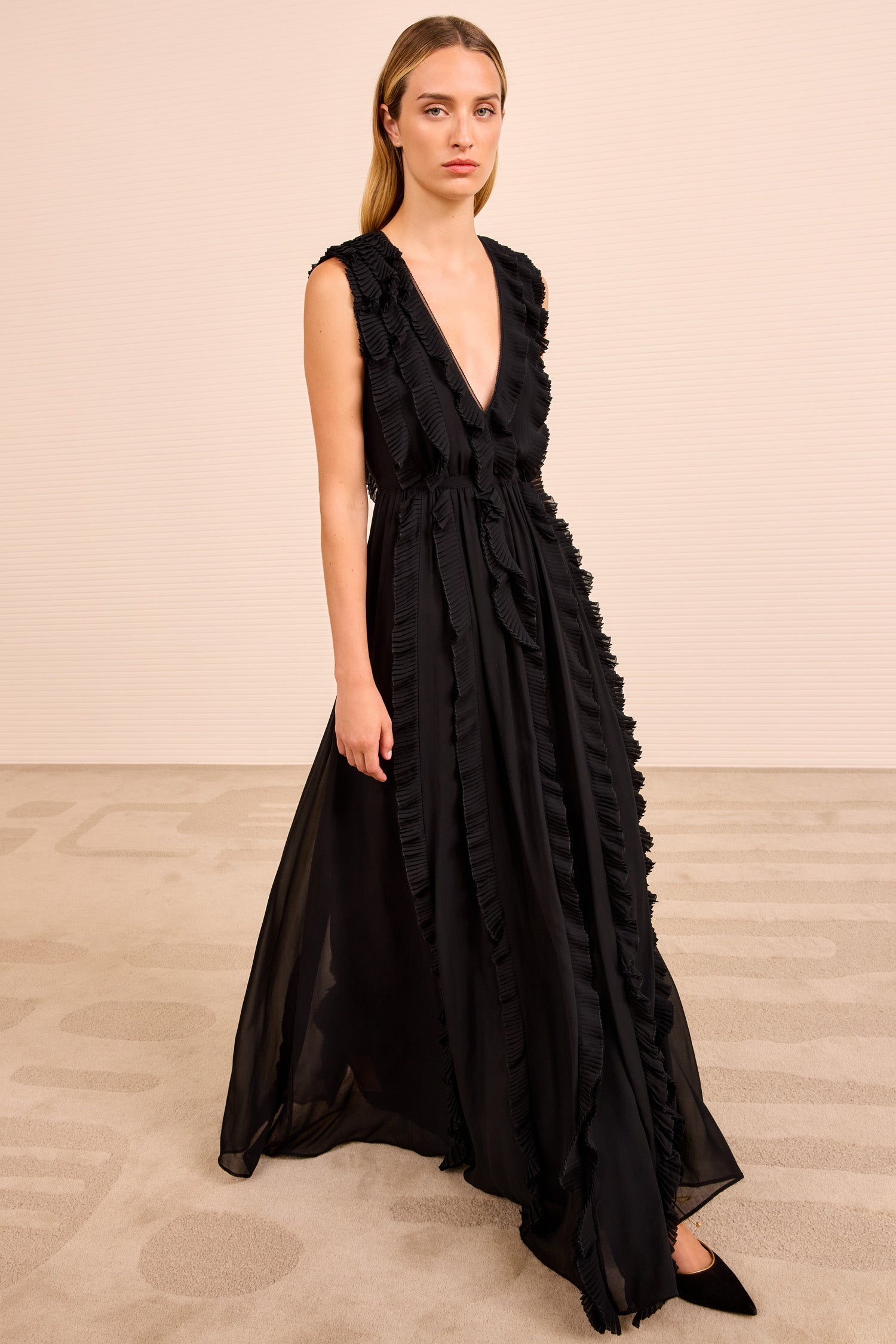 fitted lace wedding dress Aida Cascading Ruffle Gown - Noir Black Sleeveless Maxi Dress