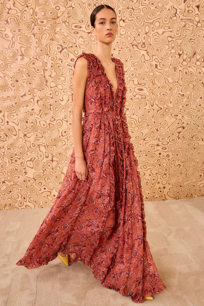 Aida Cascading Ruffle Gown - Oleander Floral Print Sleeveless Maxi