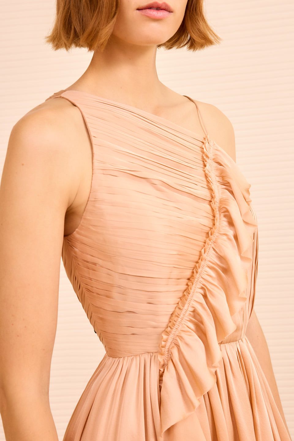 Aisha Pleated Asymmetrical Gown - Sand
