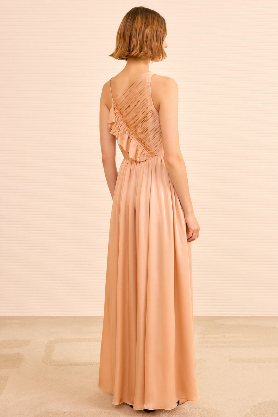 Aisha Pleated Asymmetrical Gown - Sand