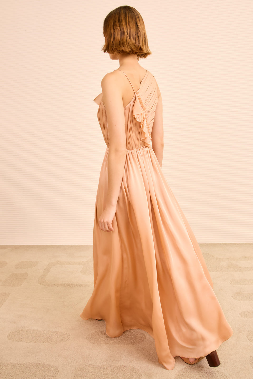 Aisha Pleated Asymmetrical Gown - Sand