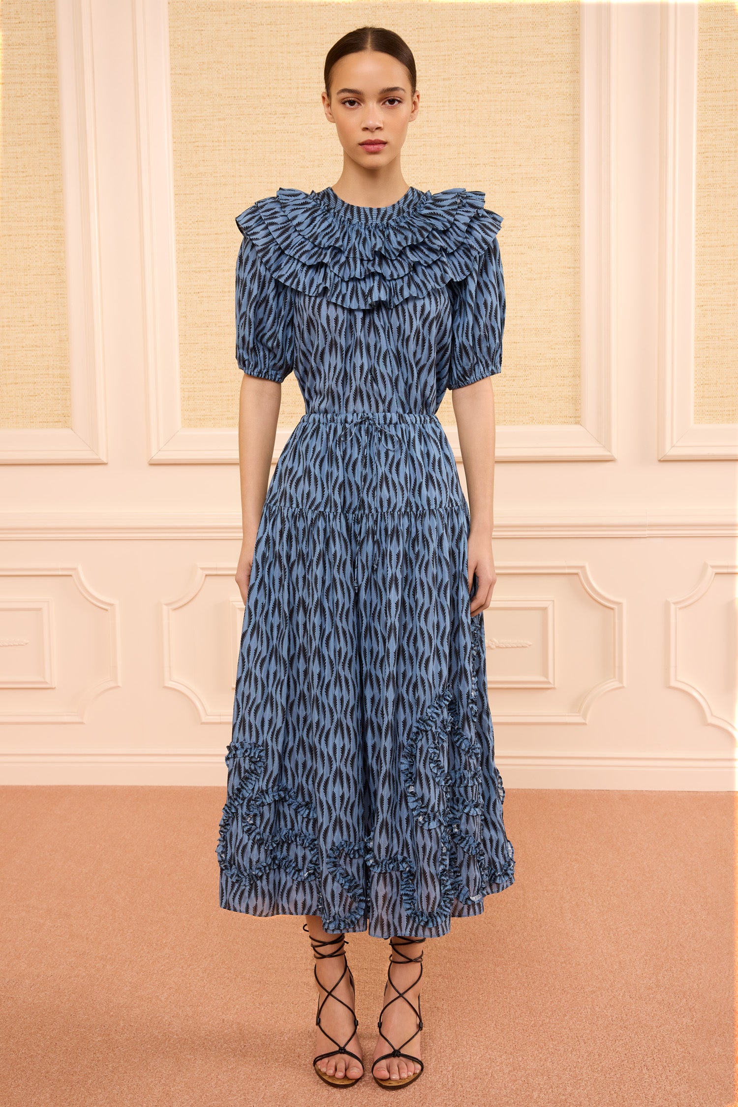 Ulla Johnson | Women's Striped Alexandra Skirt in Blue Printed Midi Skirt with Ruffles