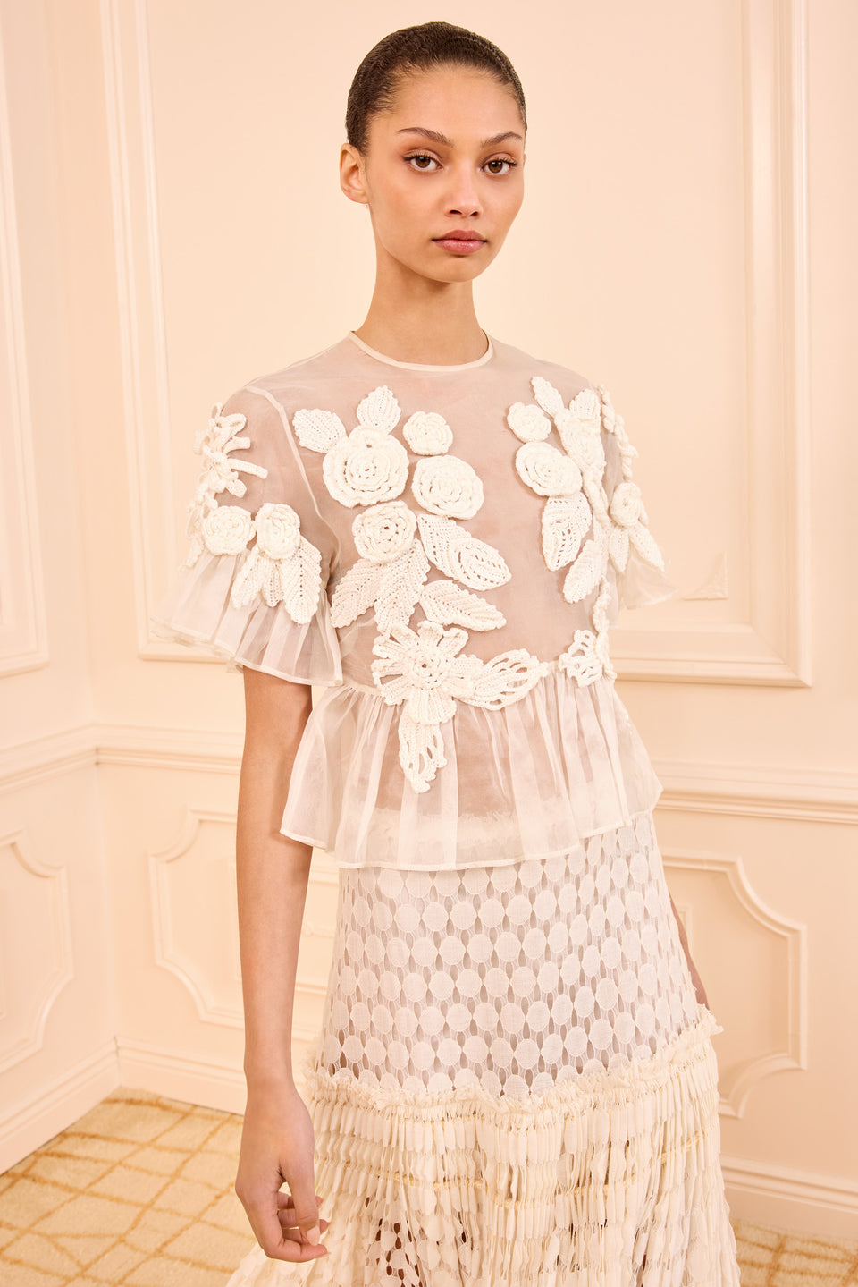 Aliya Organza Blouse with Hand Crochet - Pearled Ivory