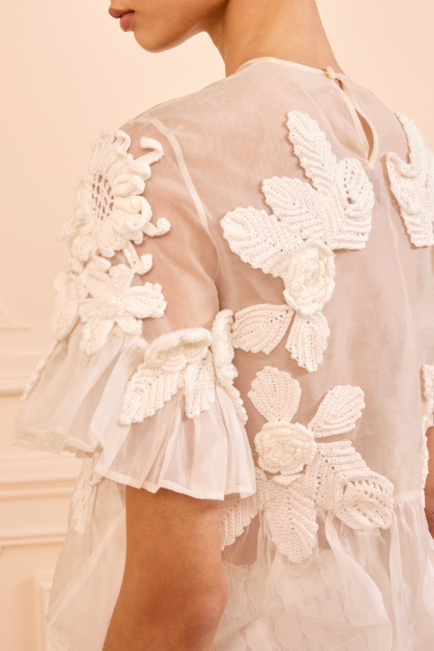 Ulla Johnson Aliya Organza Blouse with Hand Crochet - Pearled Ivory