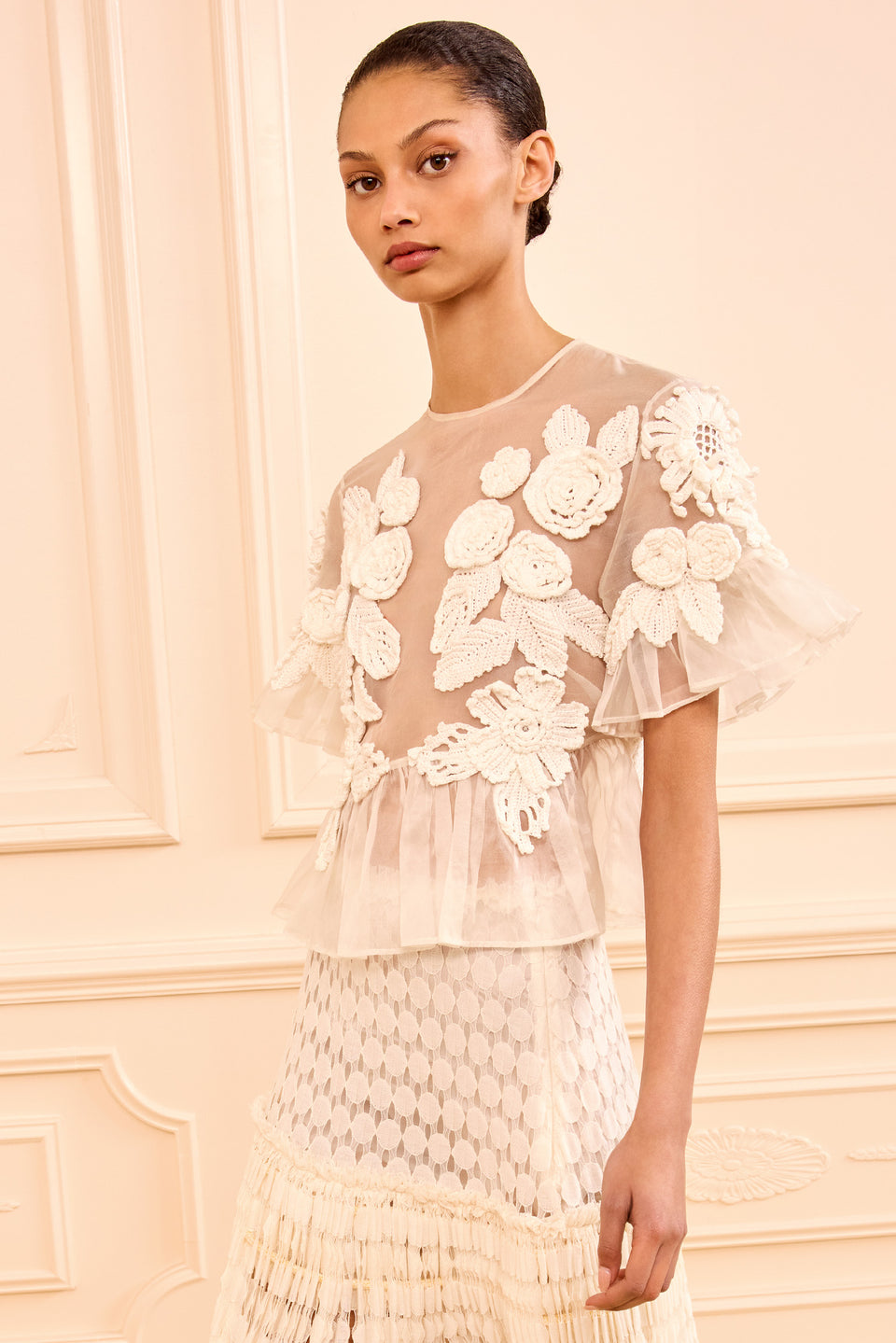 Aliya Organza Blouse with Hand Crochet - Pearled Ivory