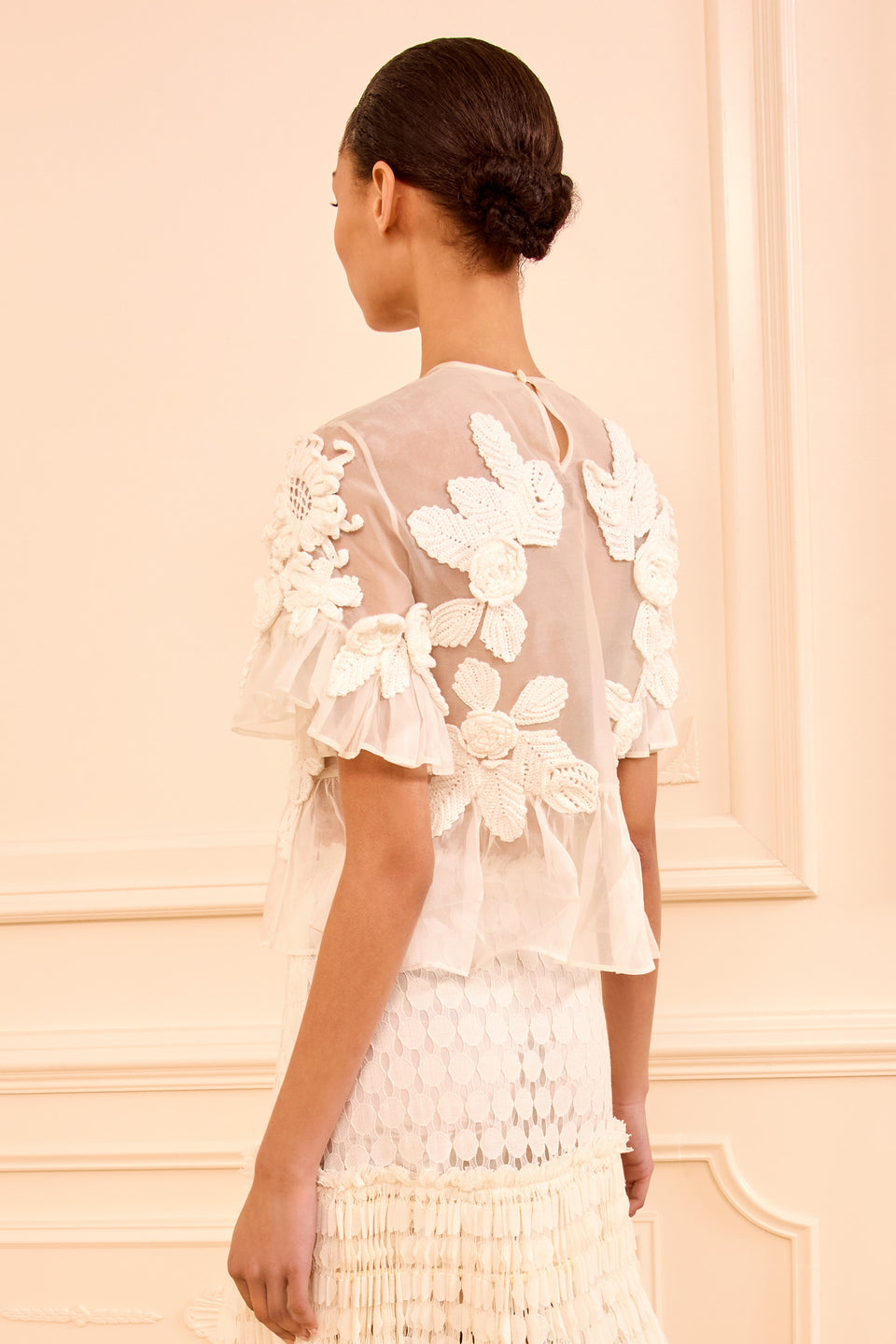 Aliya Organza Blouse with Hand Crochet - Pearled Ivory
