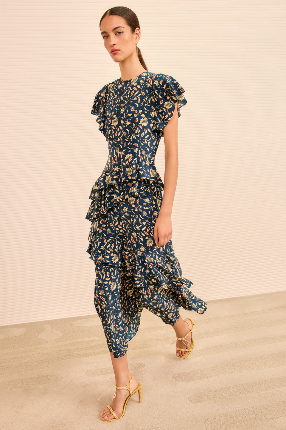Amaia Cascading Ruffle Midi Dress - Midnight Garden