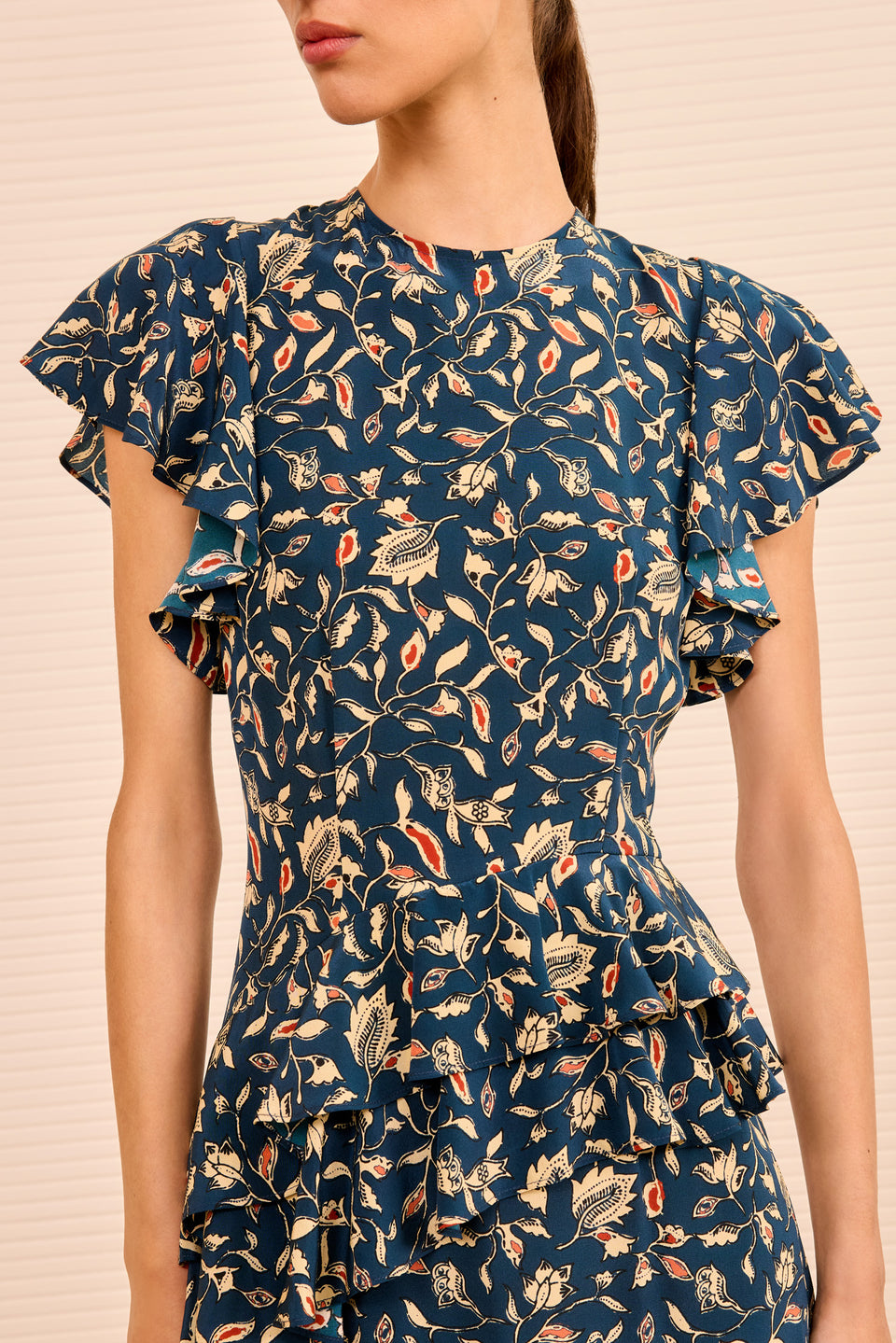 Amaia Cascading Ruffle Midi Dress - Midnight Garden