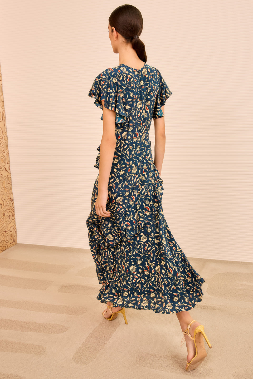 Amaia Cascading Ruffle Midi Dress - Midnight Garden