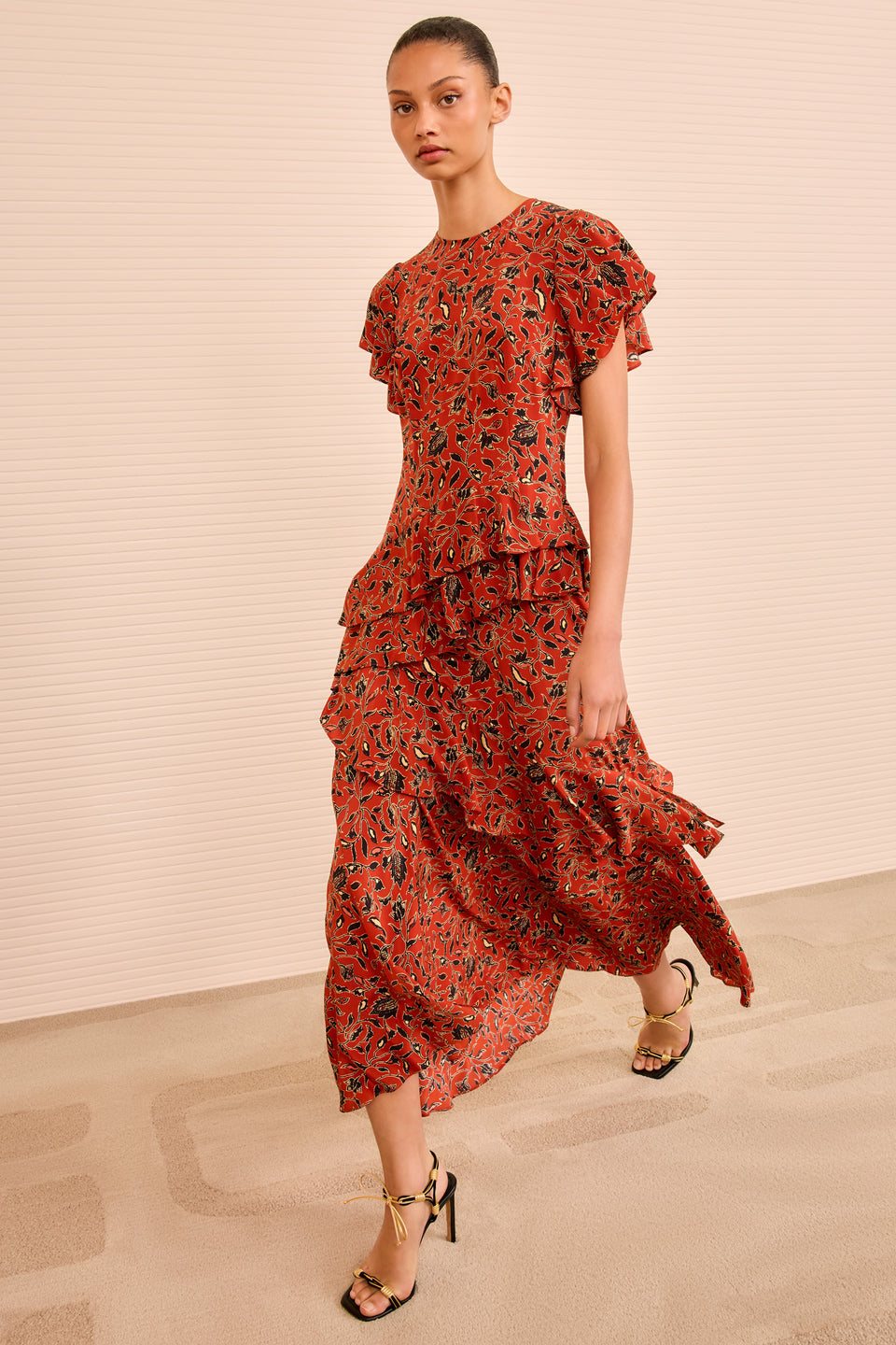 Amaia Cascading Ruffle Midi Dress - Terracotta