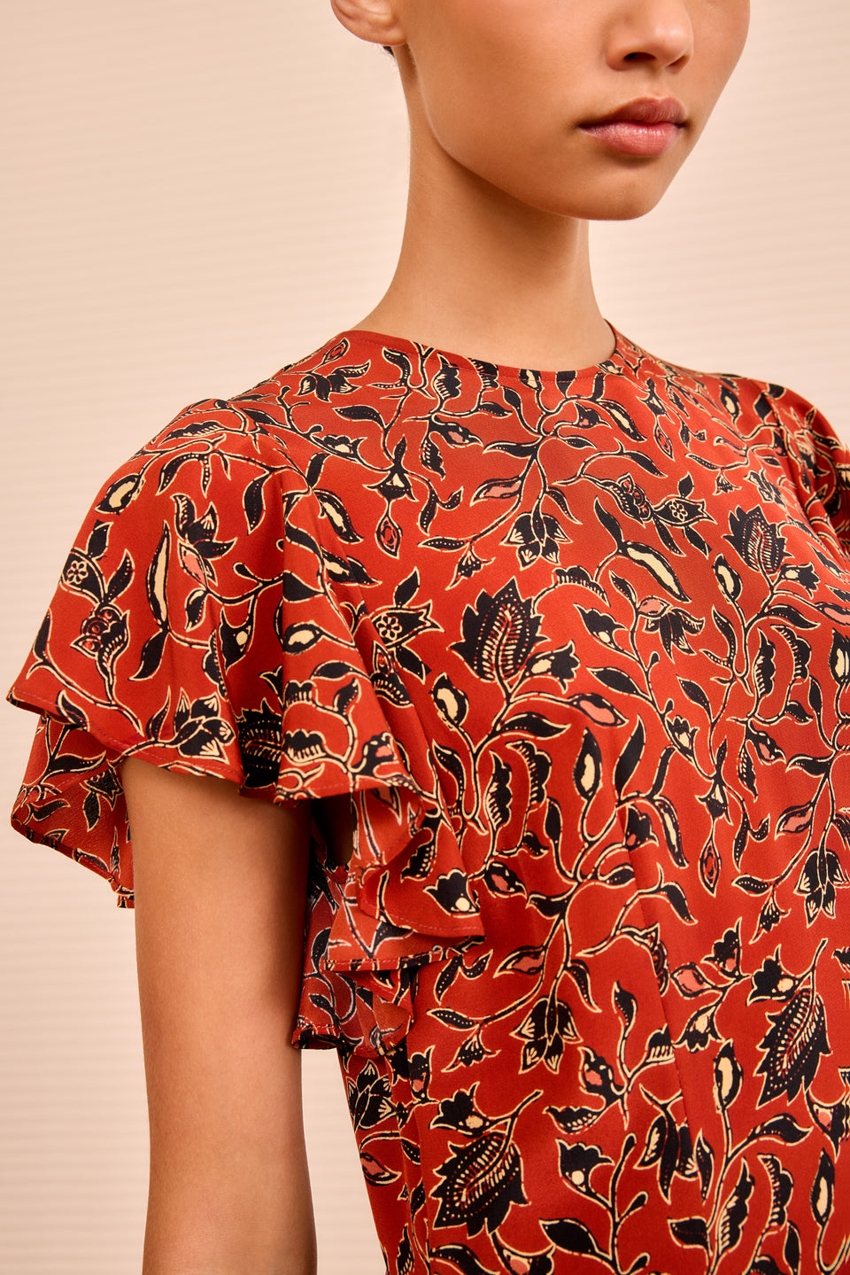 Amaia Cascading Ruffle Midi Dress - Terracotta