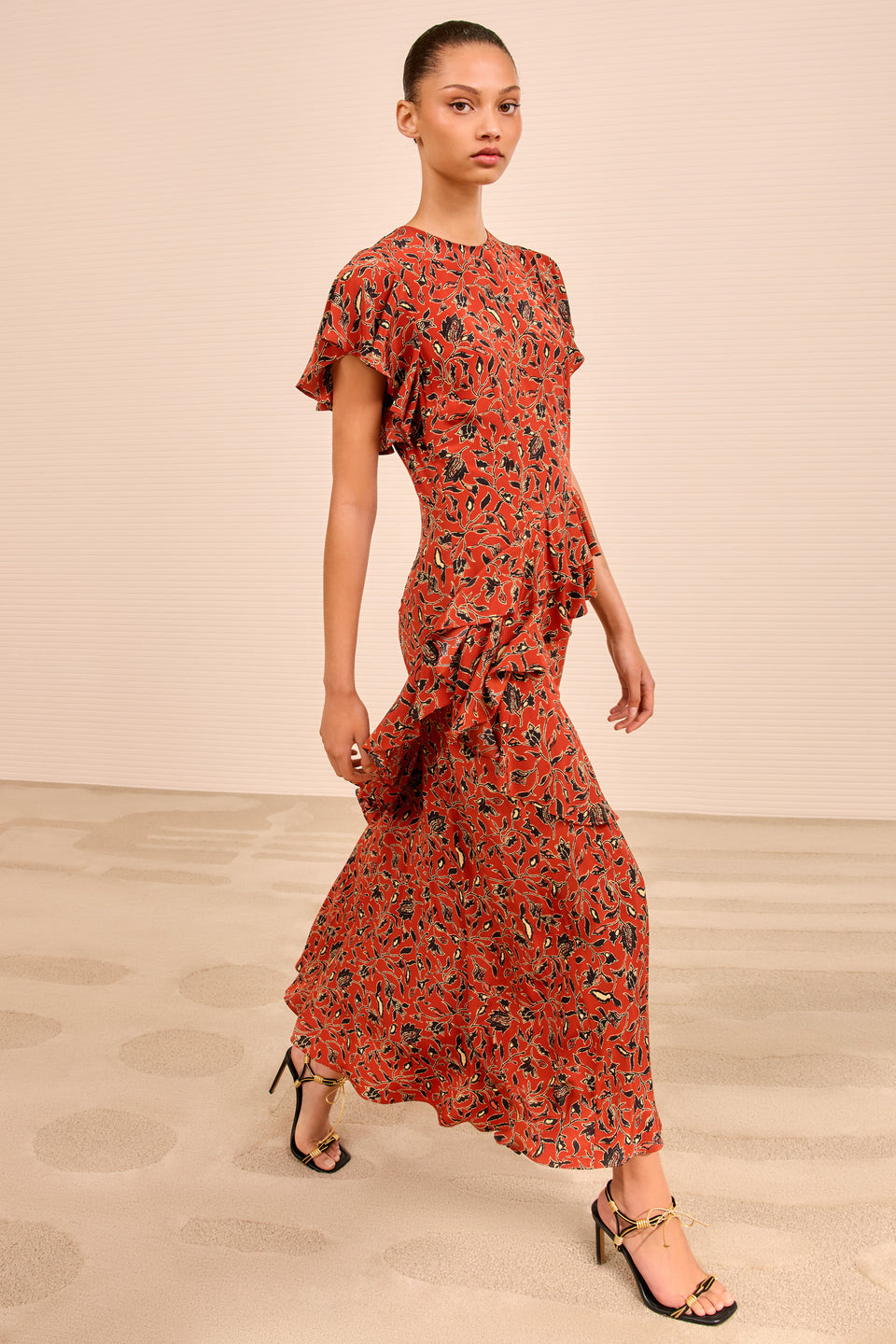 Amaia Cascading Ruffle Midi Dress - Terracotta