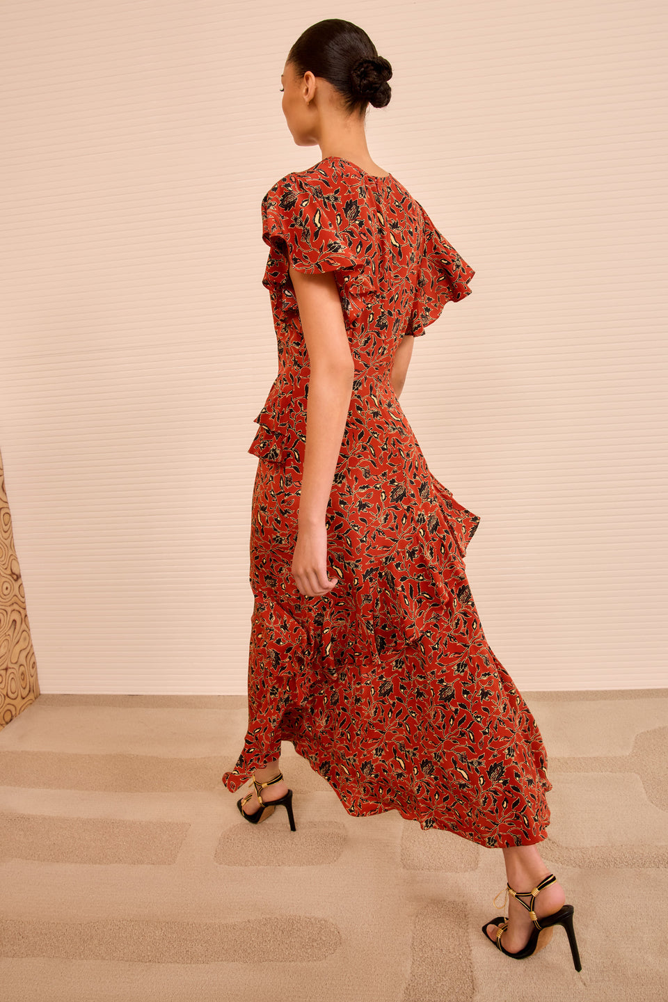 Amaia Cascading Ruffle Midi Dress - Terracotta