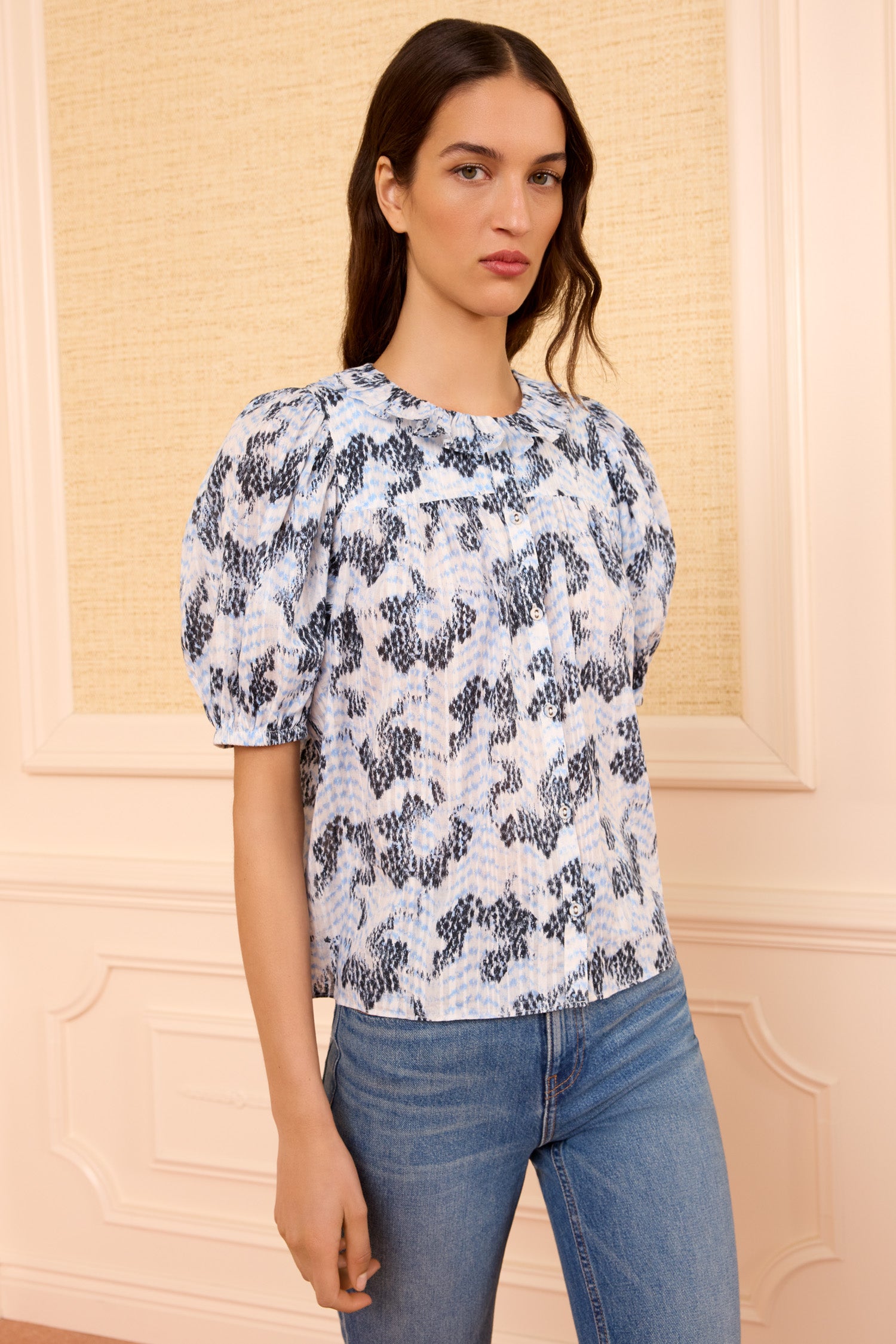 Amaria Cotton Top - Ciel Multicolor Button Up Ruffle Top - Ulla