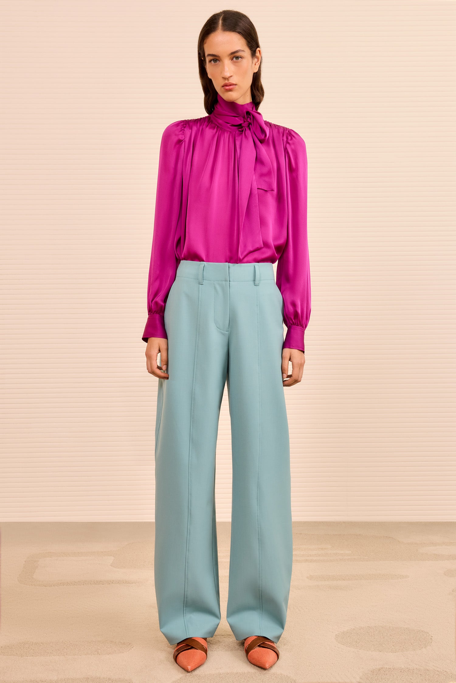 Ames Barrell Leg Trouser - Ocean Blue High Rise Wool Trouser
