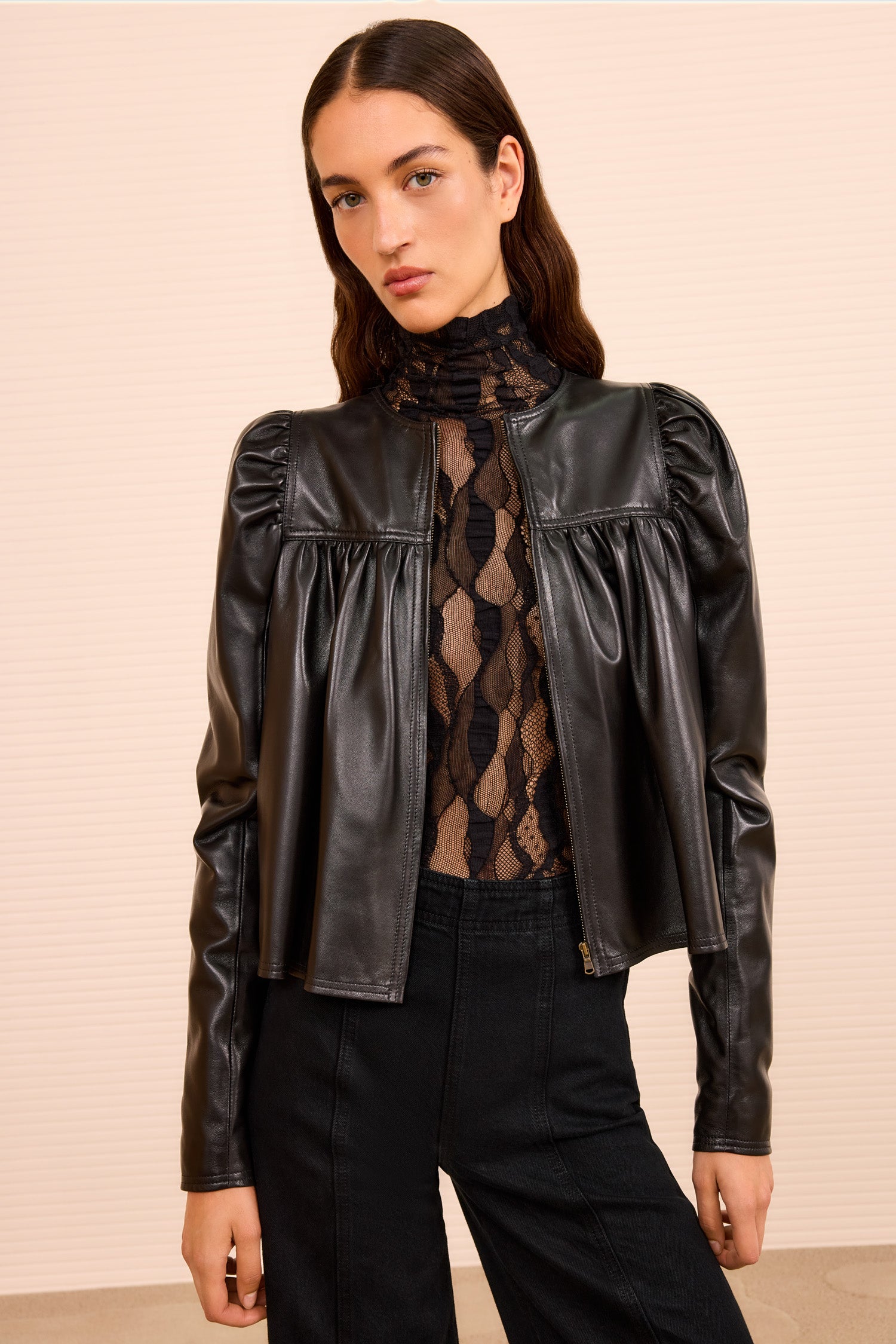 Anouk Zip Up Leather Jacket Noir