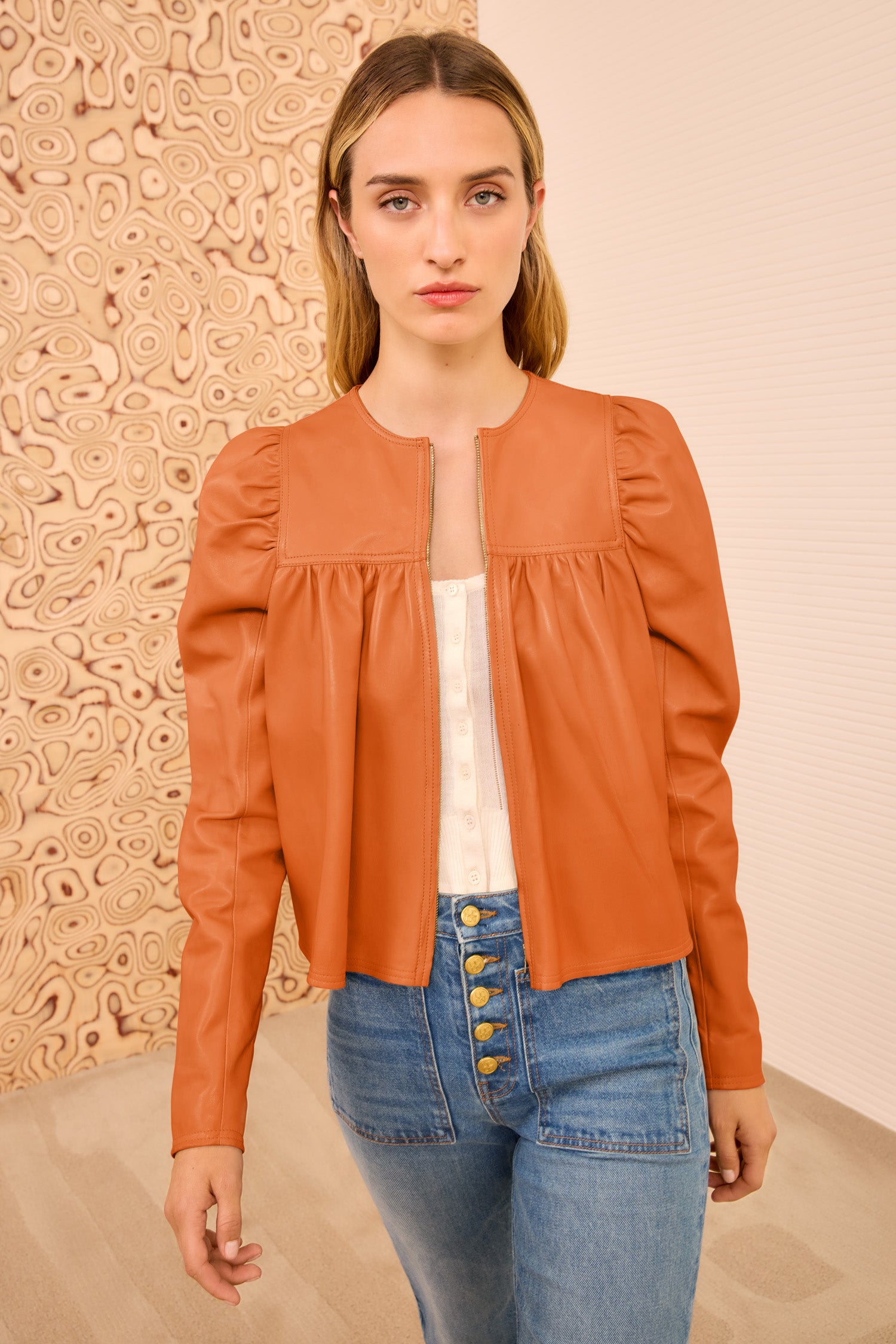 Anouk Zip Up Leather Jacket - Sienna