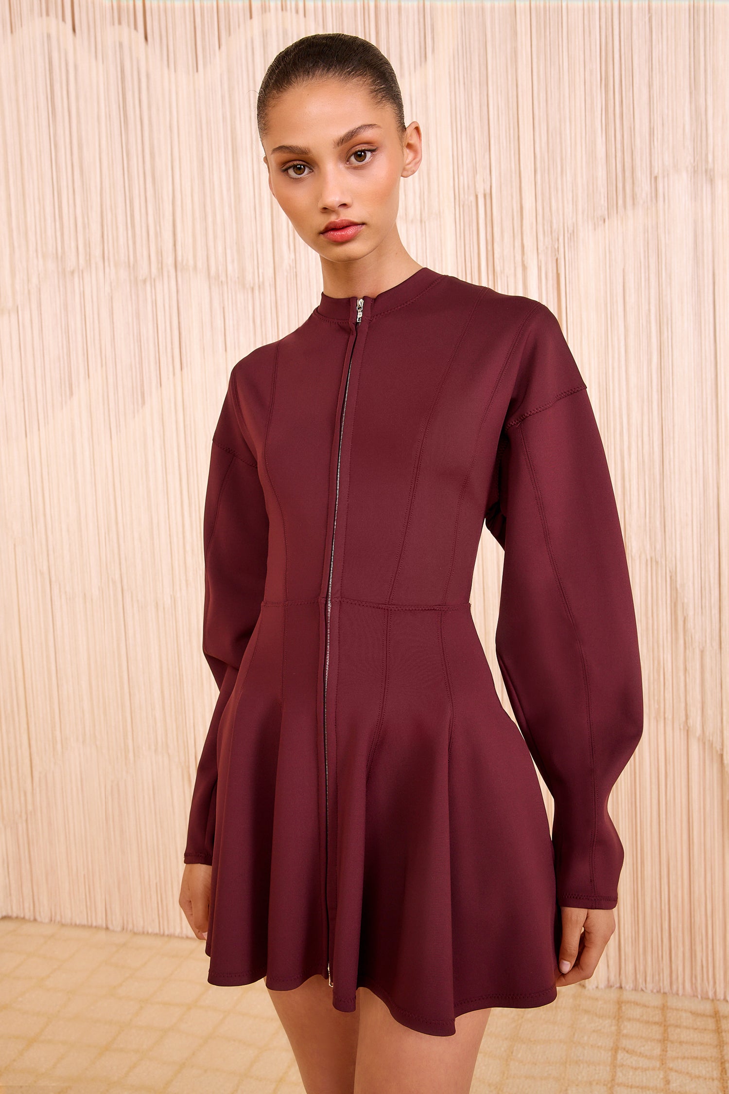 Ansel Mini Dress with Zipper Front - Mahogany