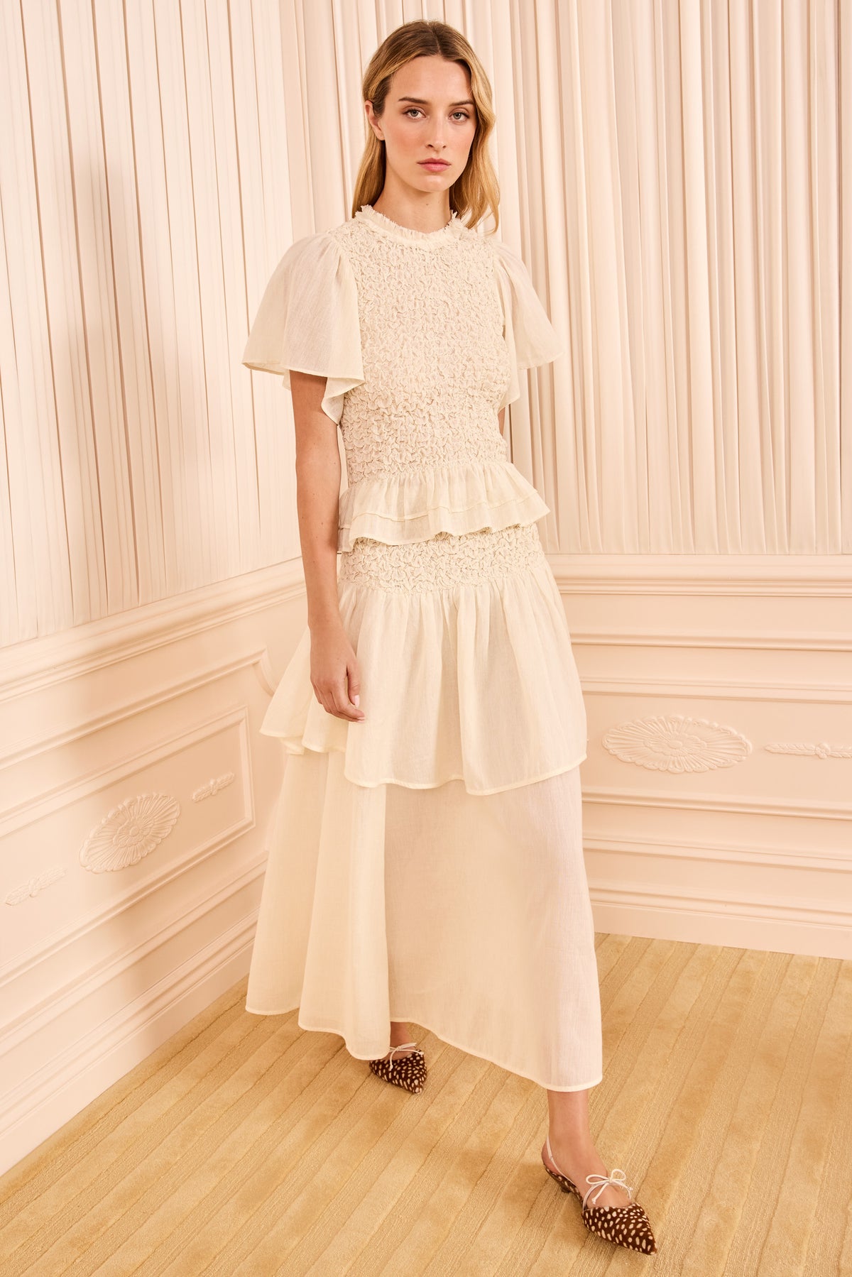Cowrie Cotton Wool Smocked Peplum Top - Front Full-Length Styled Look | Ulla Johnson