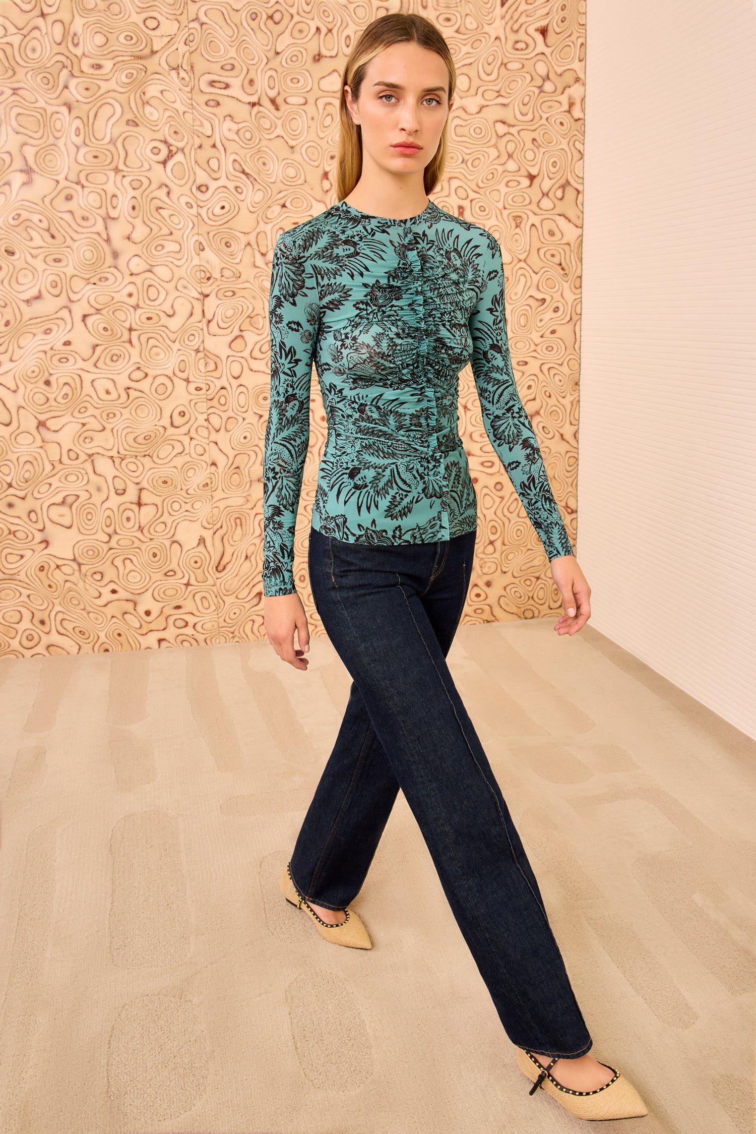 Asha Ruched Long Sleeve Top - Ocean Flora - Ulla Johnson