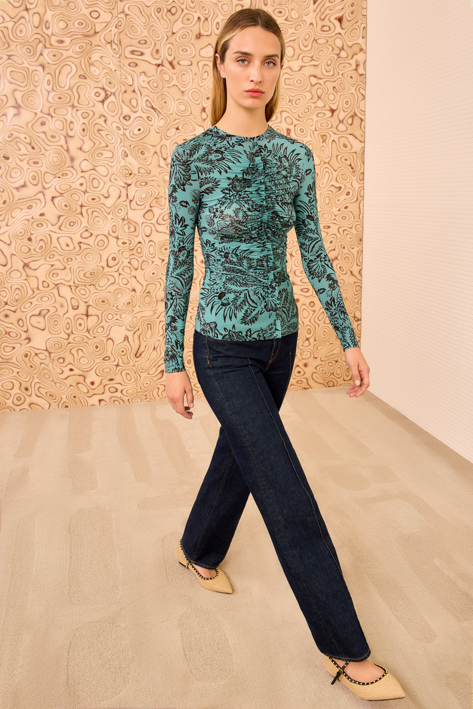 Asha Ruched LS Top - Ocean Flora