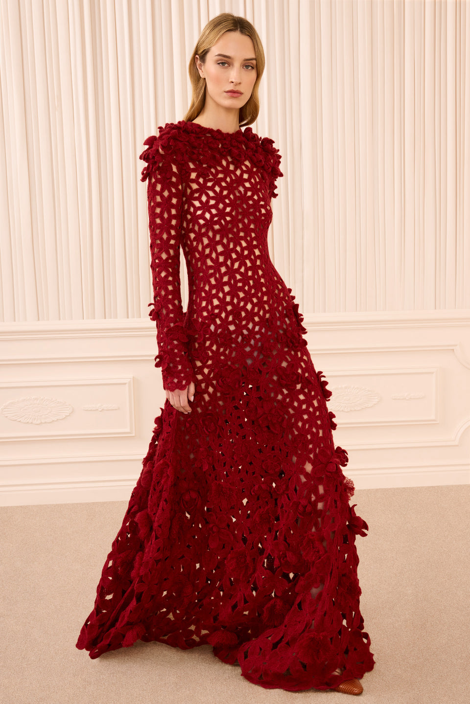 Astrid Crochet Dress with Embroidered Flowers - Cerise