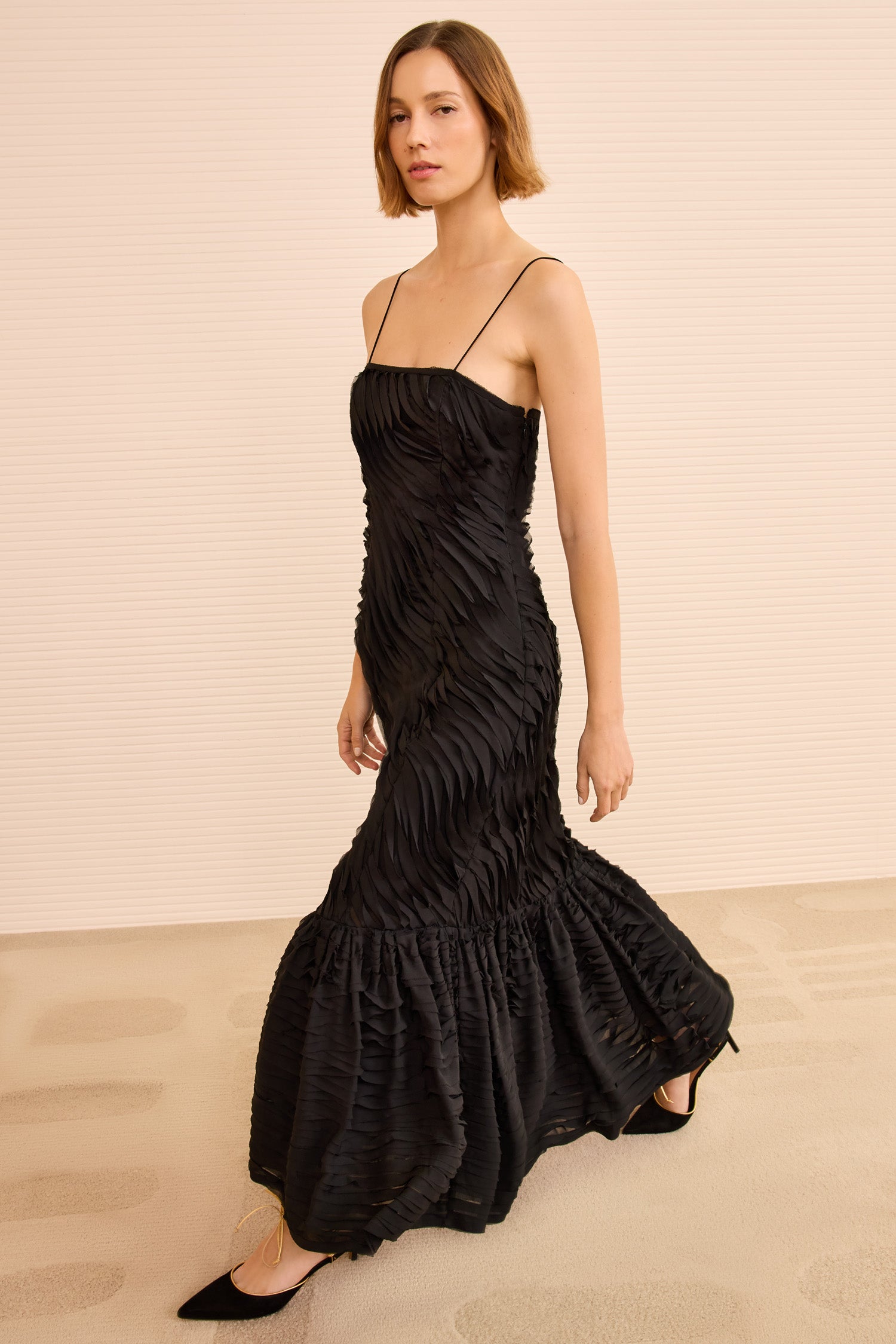 Augustina Cami Long Trumpet Dress - Noir Black Chiffon Sleeveless
