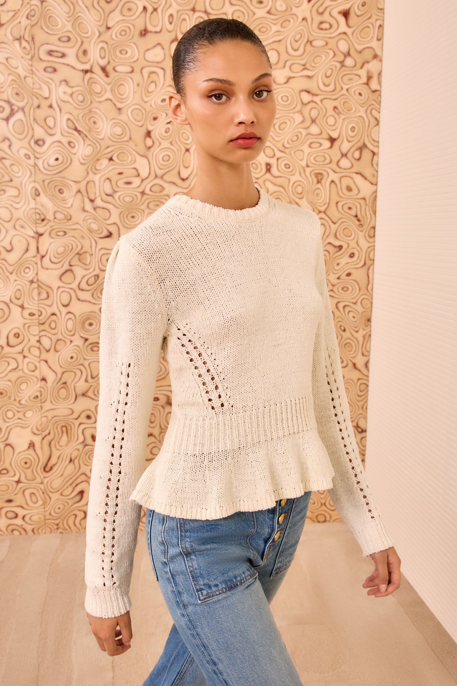 Aurelie Long Sleeve Peplum Pullover - Cowrie White Cotton Crew