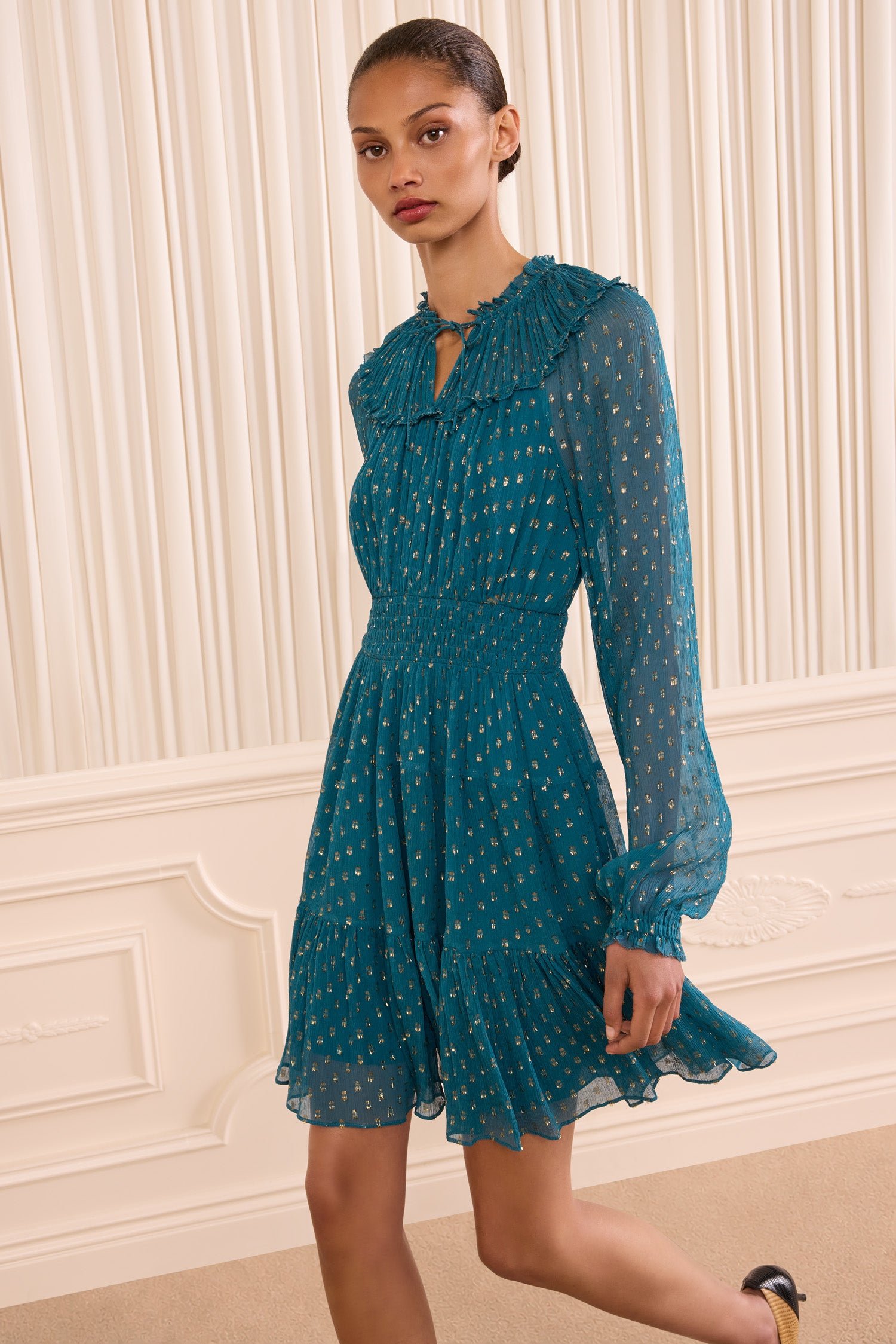 Ava Long Sleeve Silk Mini Dress - Beryl Blue Polka Dot Tiered Mini Dress