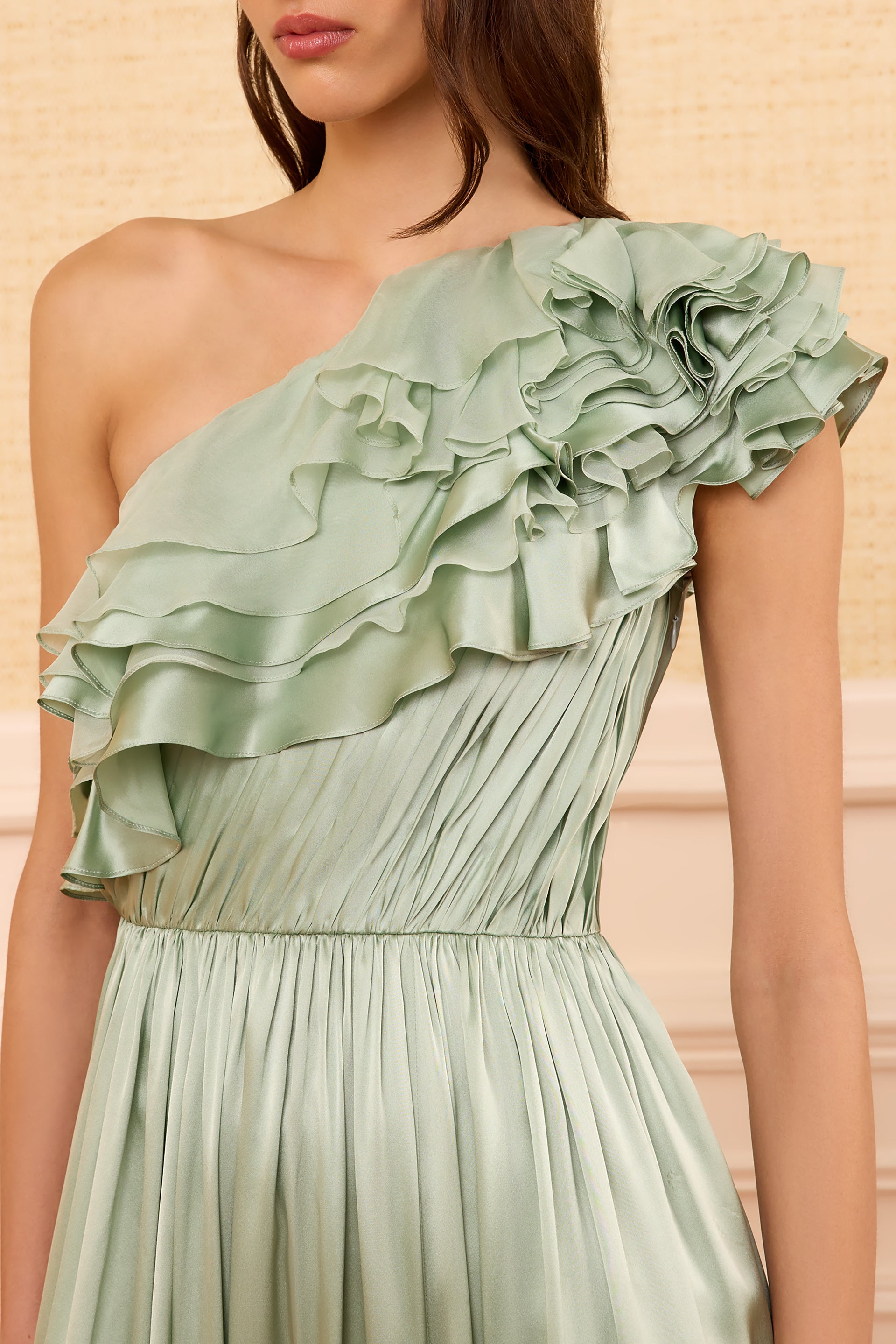 Avalina Ruffled Silk One Shouder Gown - Celadon