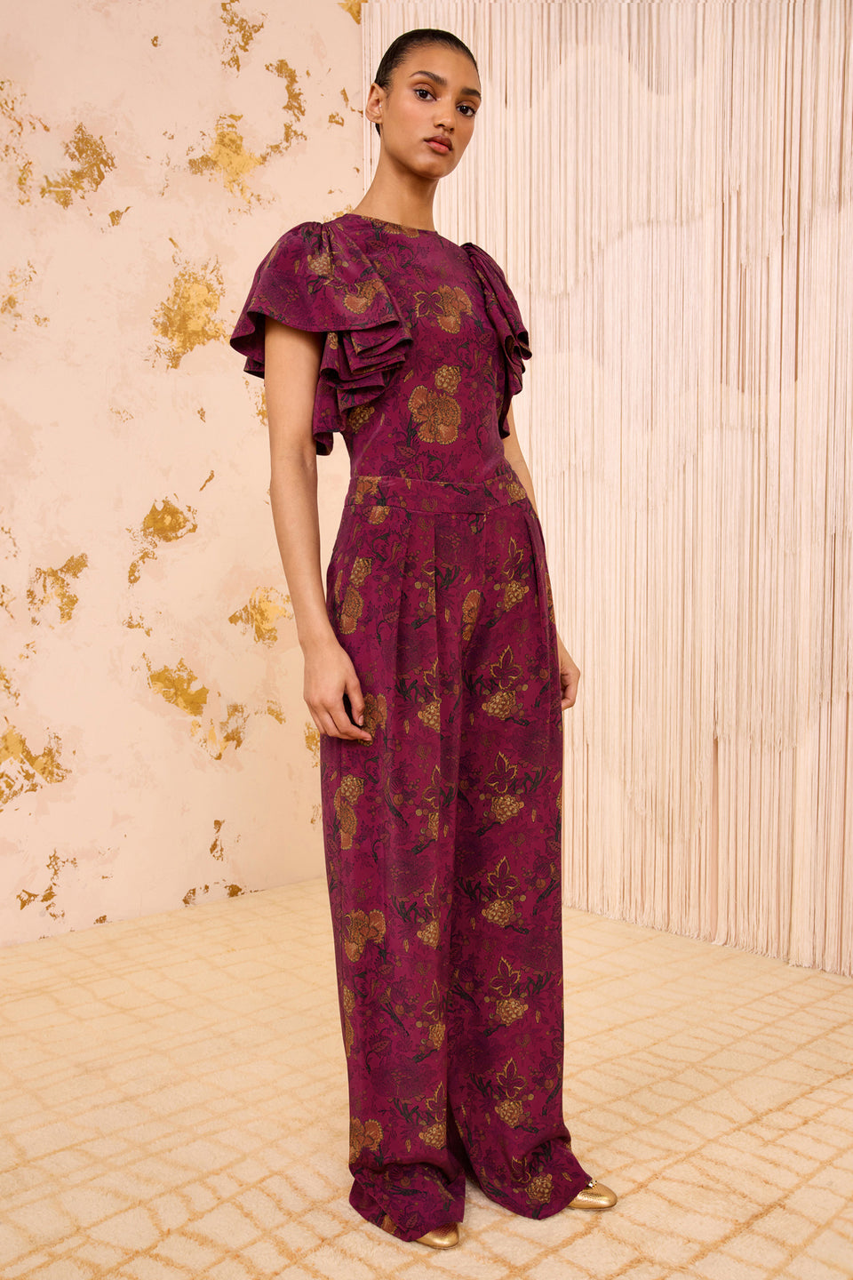 Aviva Silk High Waist Wide Leg Pant - Peony