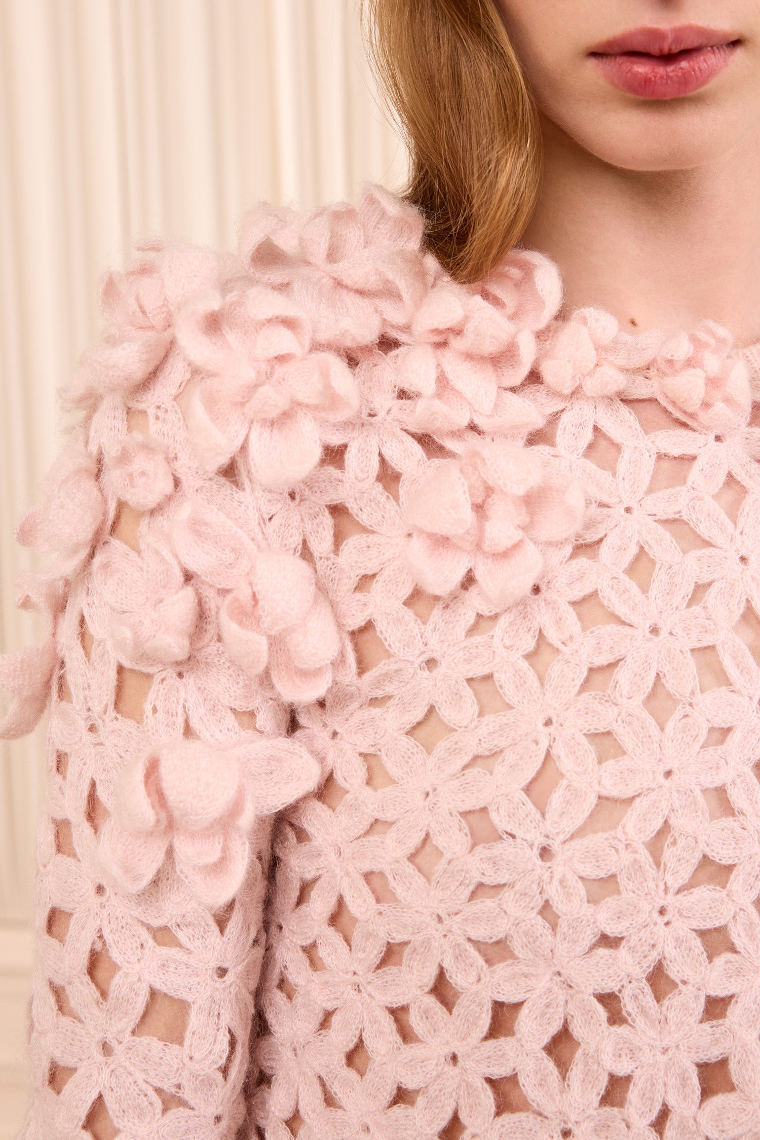 Ulla Johnson Bendetta Crochet Pullover with Embroidered Flowers- Powder