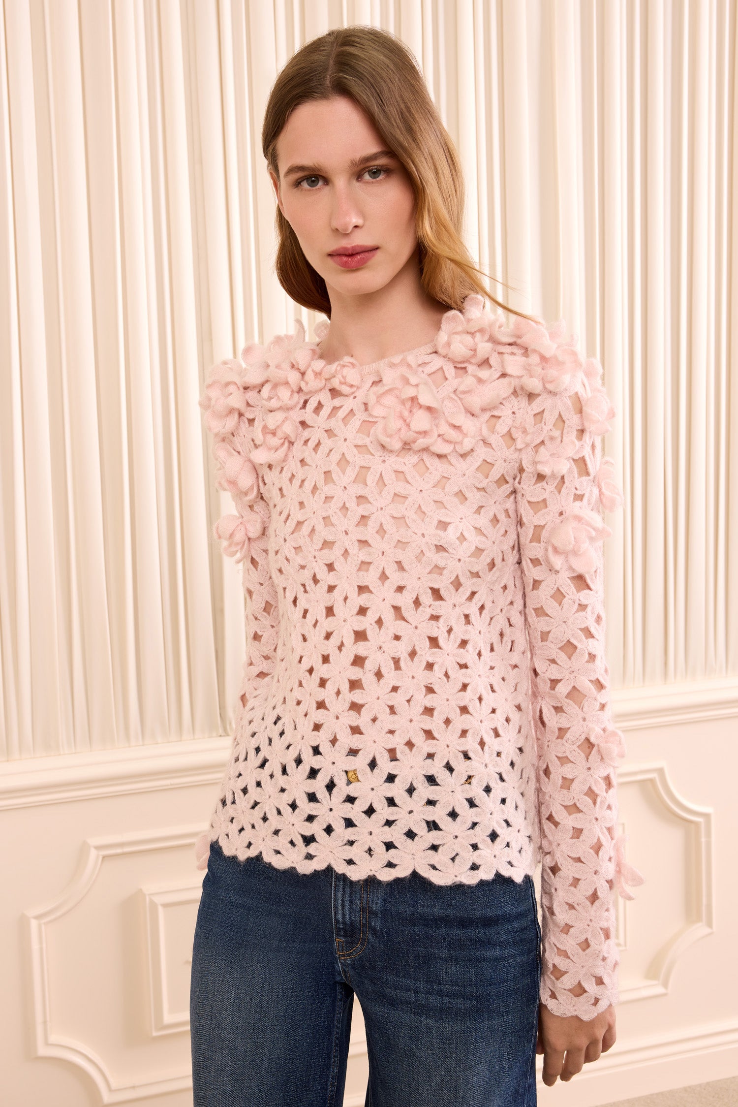Bendetta Crochet Pullover with Embroidered Flowers- Powder